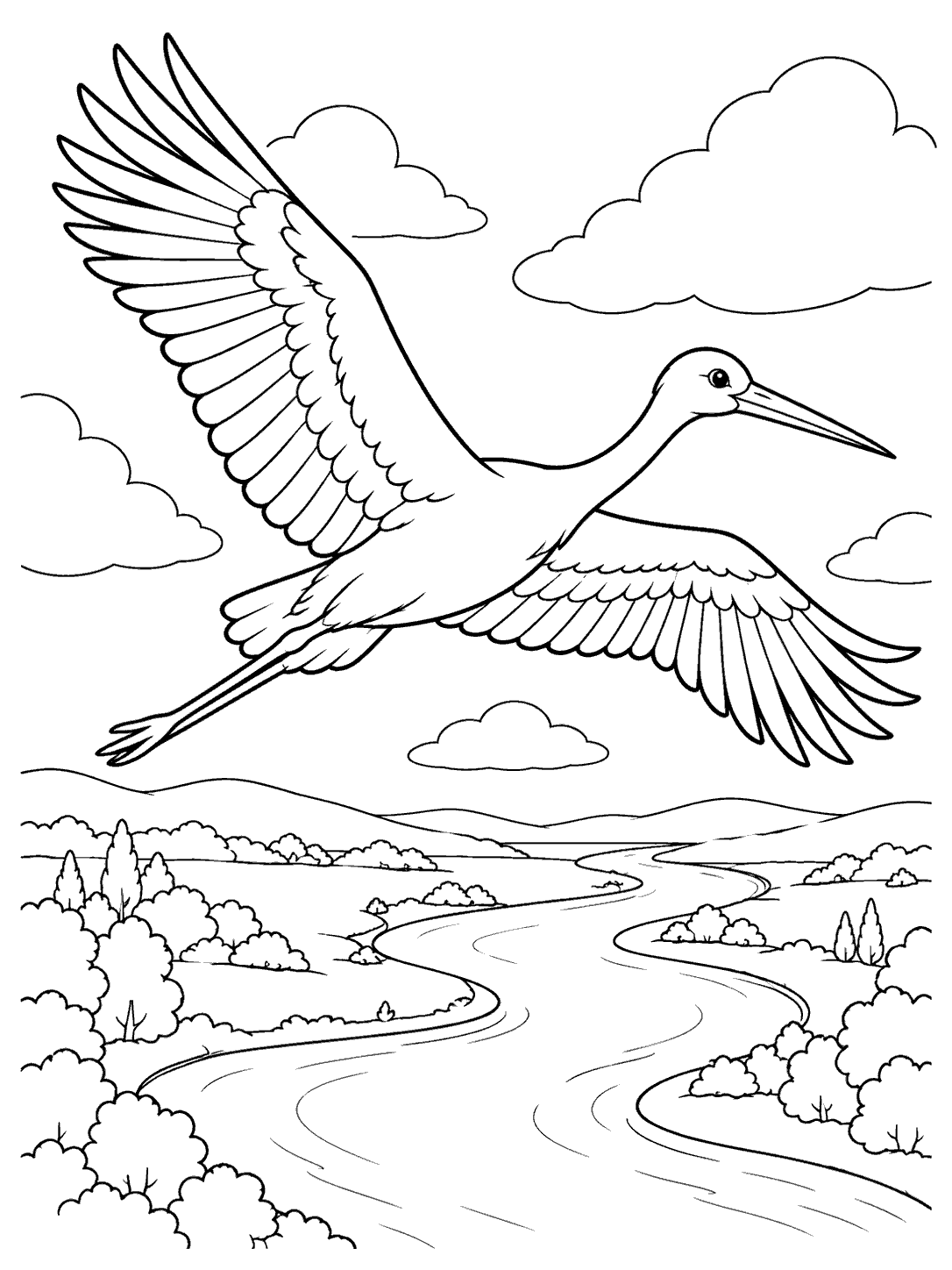Black-and-white coloring page of a stork flying with wings spread above a winding river and cloud shapes.