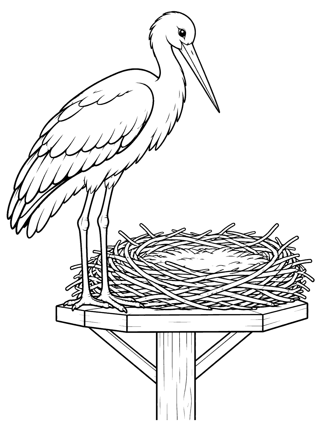 Black-and-white coloring page showing a stork beside a broad stick nest on a raised platform with one sturdy post.