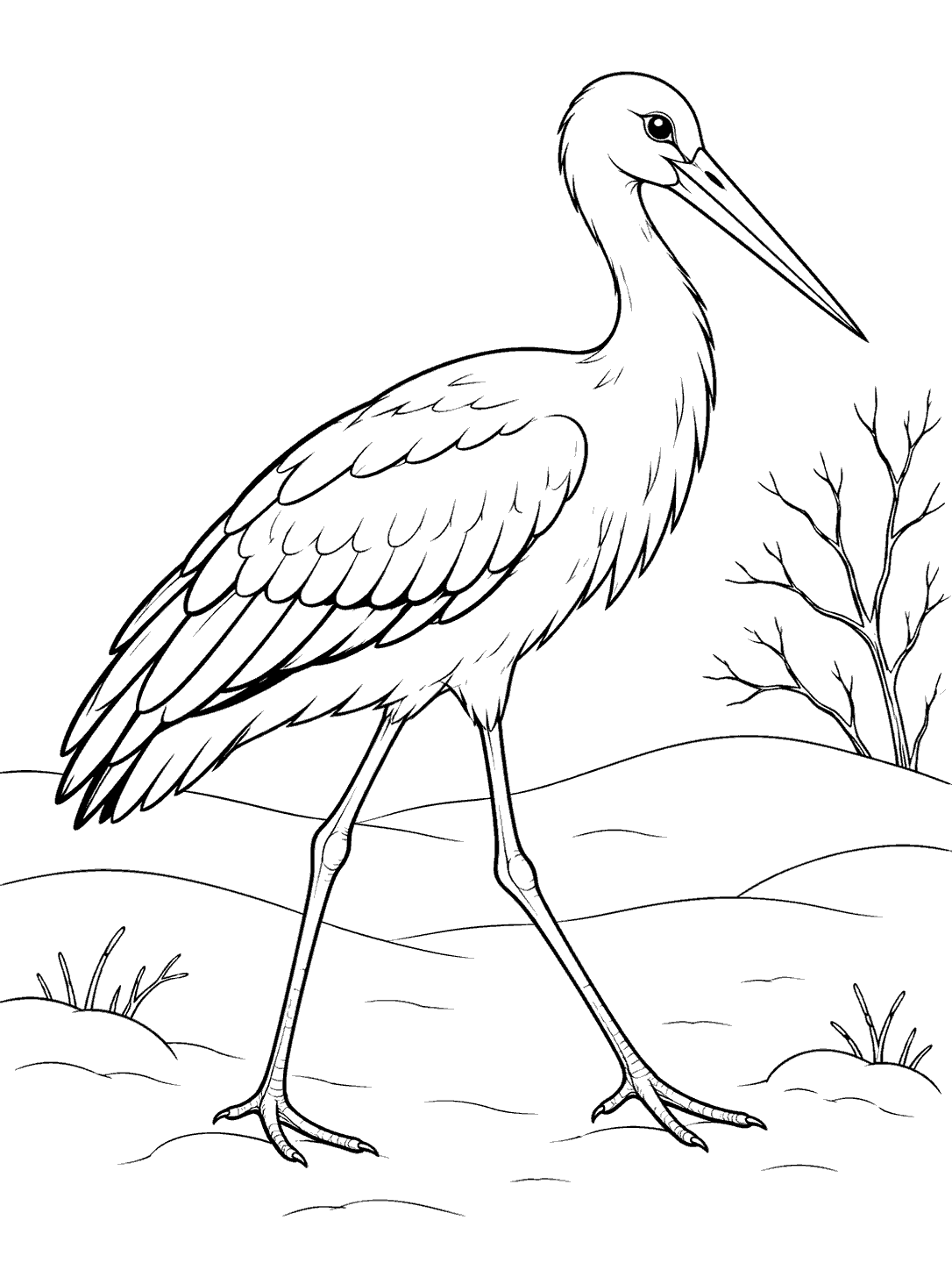 Stork walking through snow coloring page