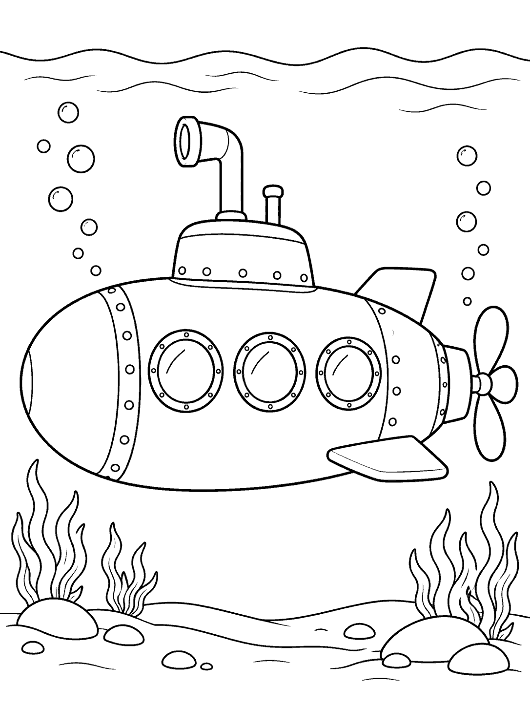 A rounded submarine in side view with a conning tower, portholes, propeller, bubbles, and seabed plants.