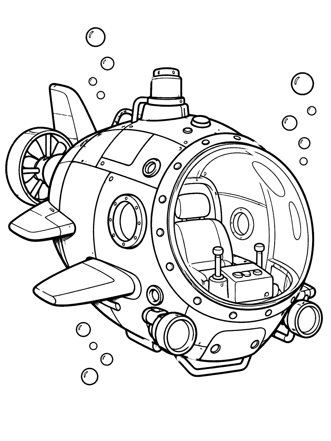 Three-quarter view of a deep-sea research submarine with a large domed observation window, side fins, lamps, and bubbles, drawn in black outlines on white.