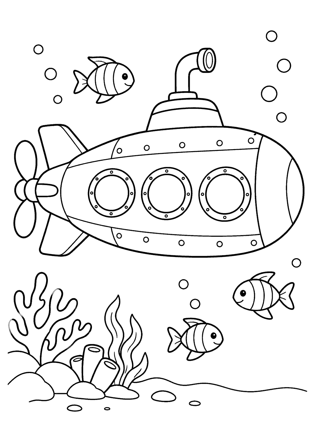 A large side-view submarine passes above a sparse coral reef with three fish and bubbles.