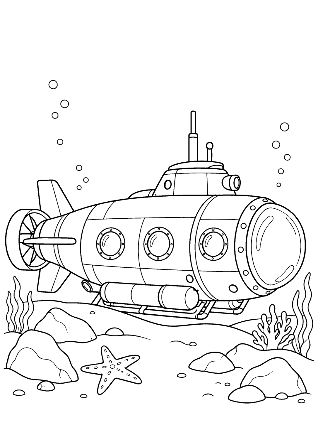 A large research submarine hovering above a gently curving ocean floor, with rocks, bubbles, and a sea star.