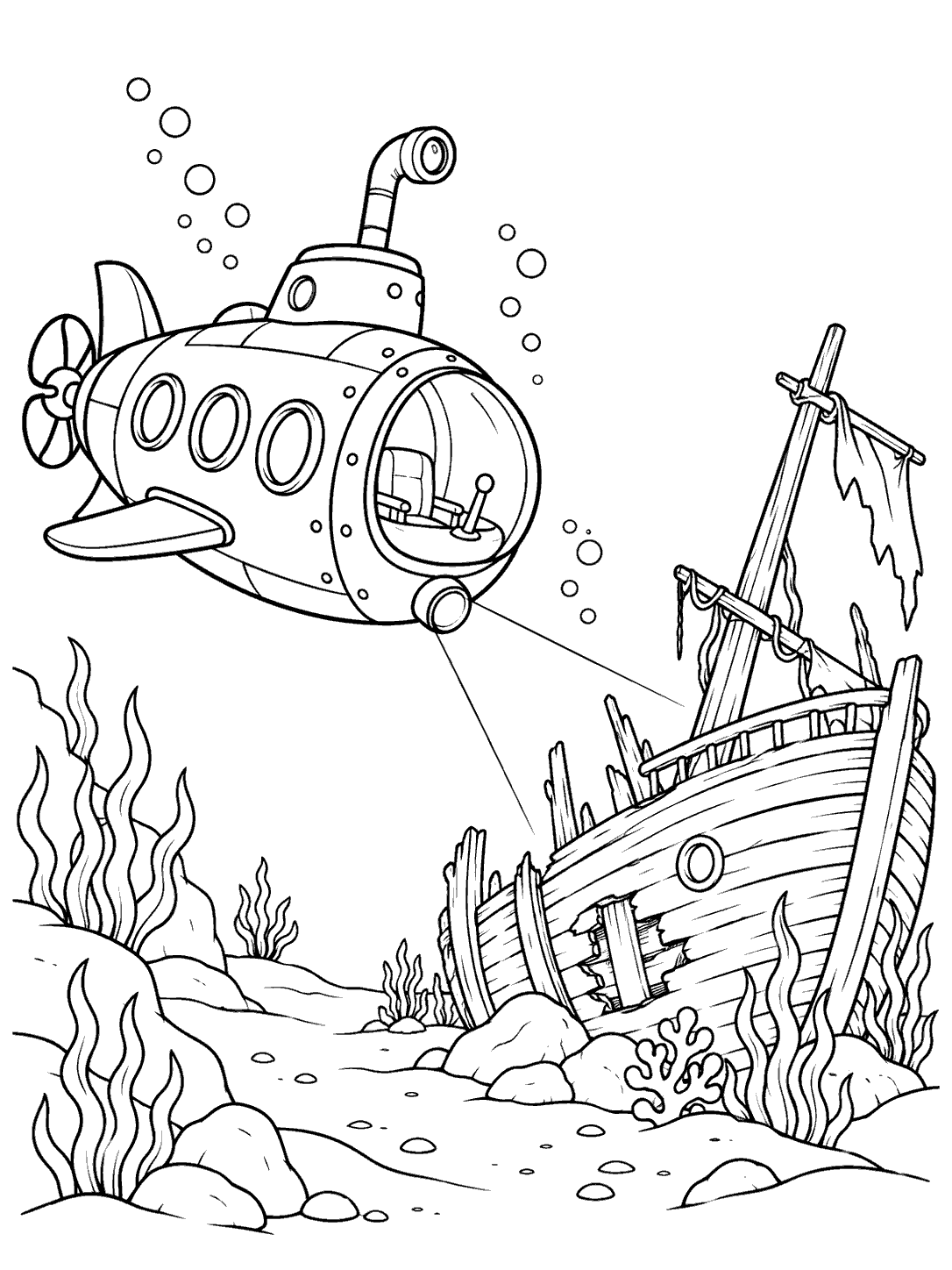 A three-quarter-view submarine shines a beam toward a wooden shipwreck, with bubbles and sparse seabed details.