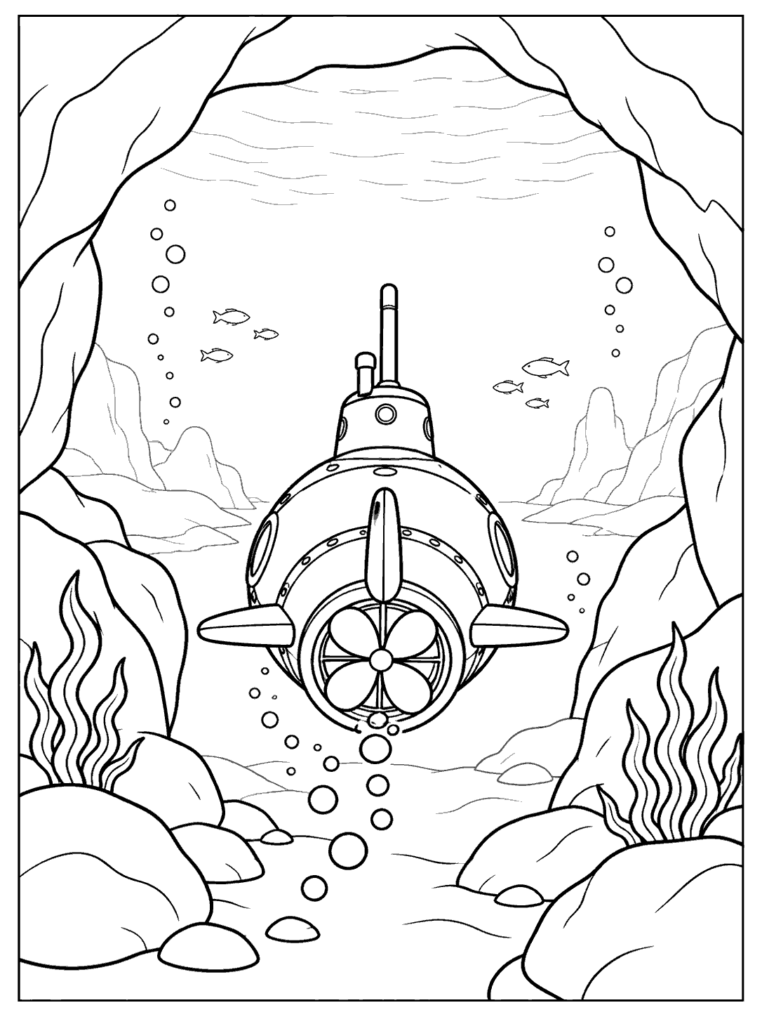 A rear view of a compact submarine moving through a wide underwater cave opening, surrounded by bubbles, fish, and rocks.