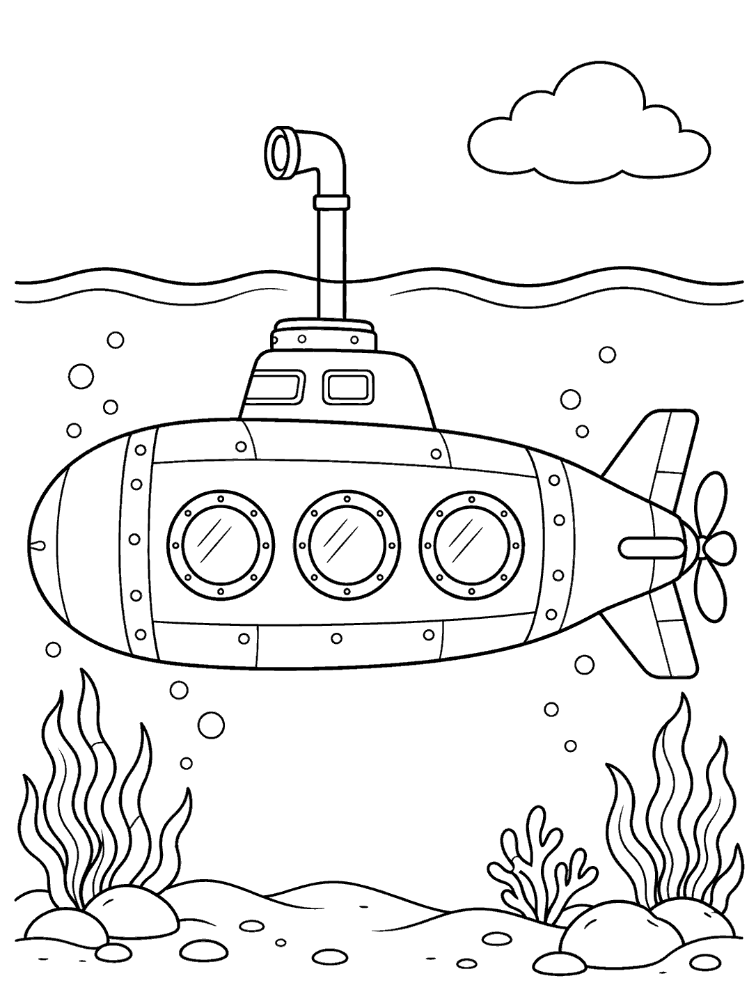 A side-view submarine beneath a wavy waterline, with a raised periscope, cloud, portholes, bubbles, and sea plants.