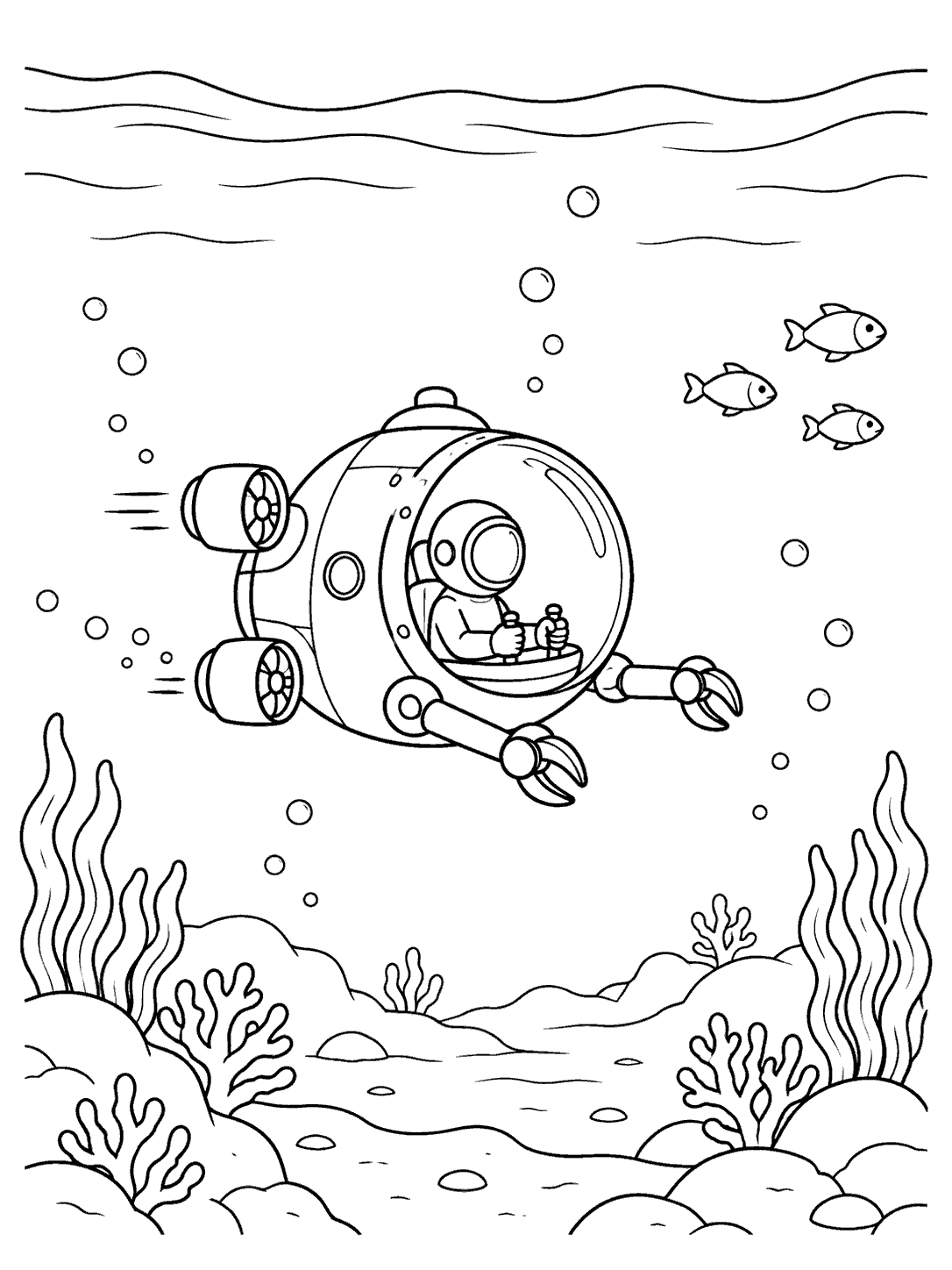 A rounded mini submarine with a viewing dome, pilot, two mechanical arms, and thrusters, surrounded by bubbles, fish, and underwater plants.