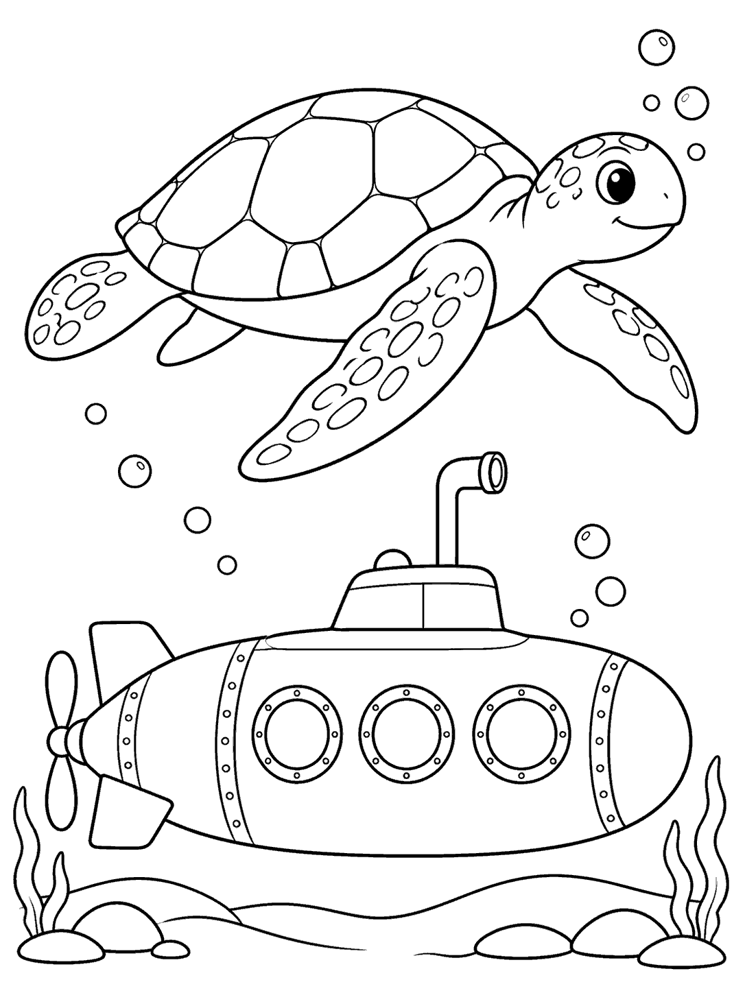 A large sea turtle swims above a submarine with portholes, bubbles, and a simple seafloor.