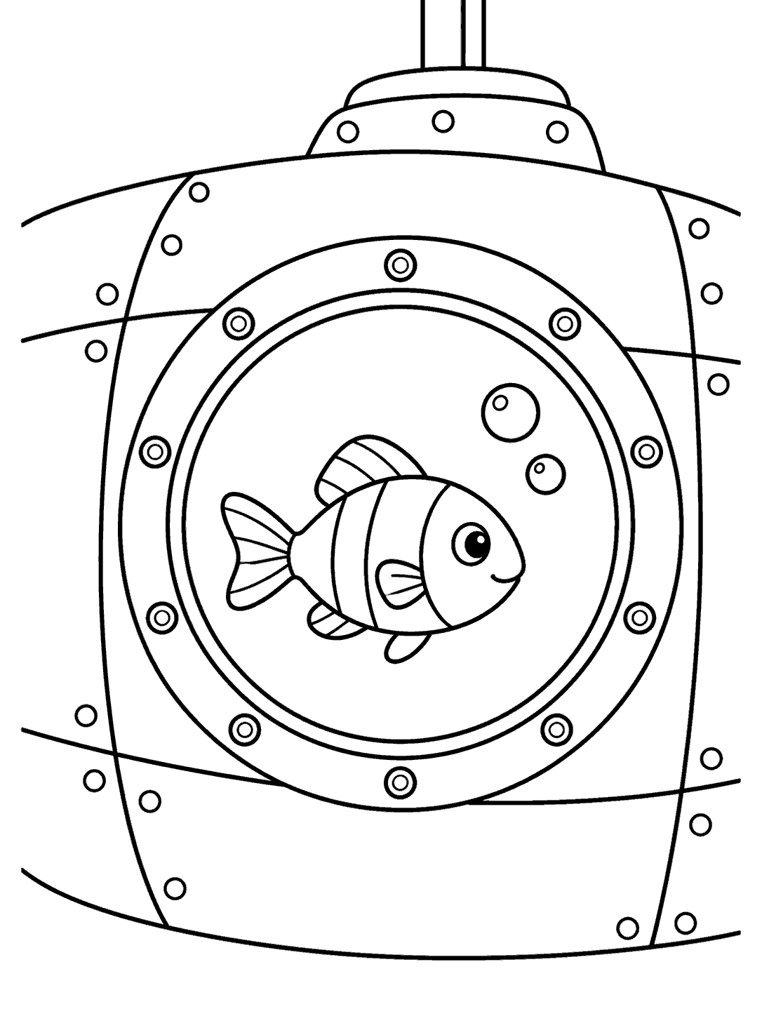 Close-up black line art of a submarine hull and circular porthole, with a striped fish and two bubbles inside.