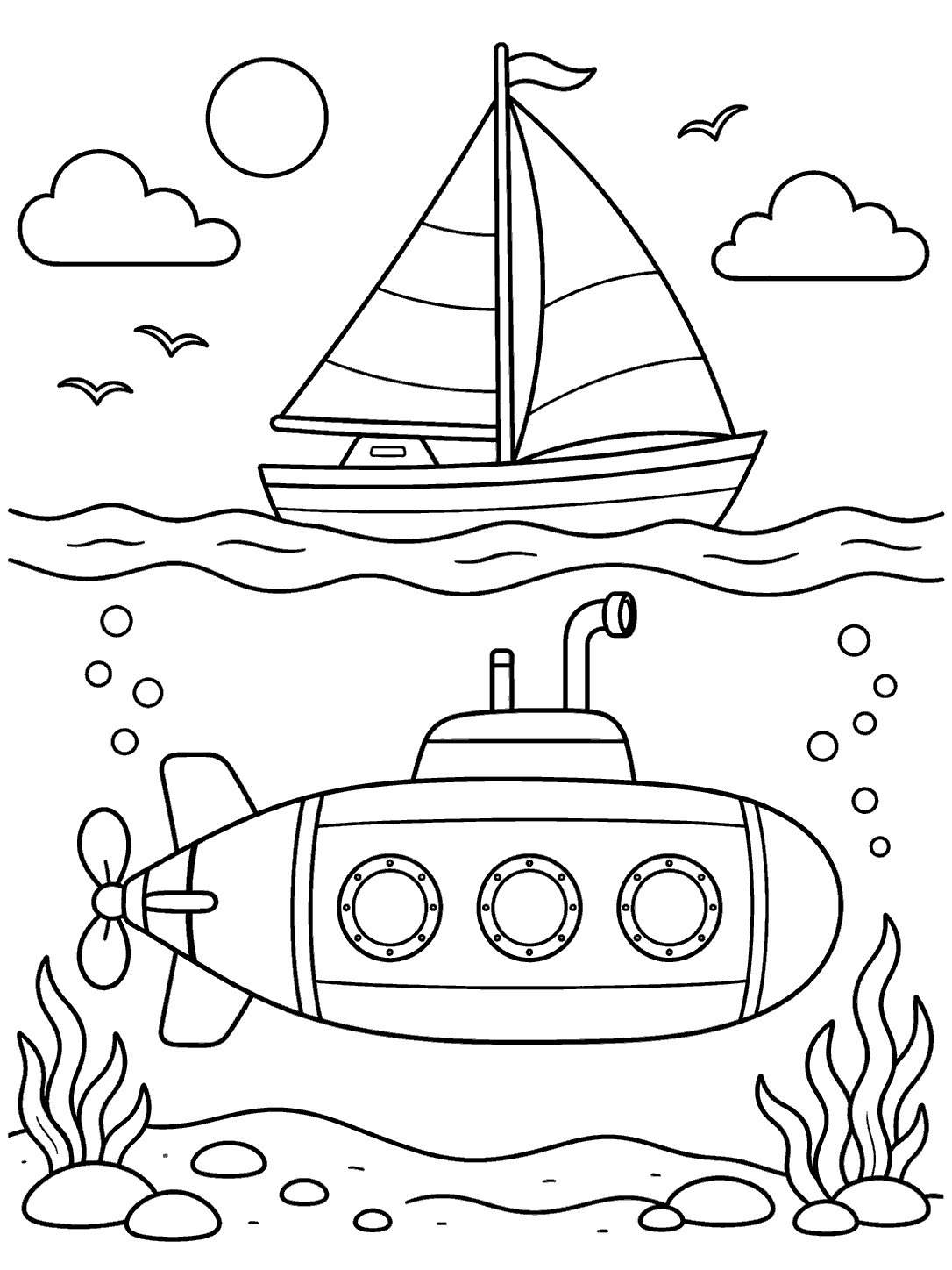 A submarine traveling below a sailboat, with bubbles and sea plants on the ocean floor.