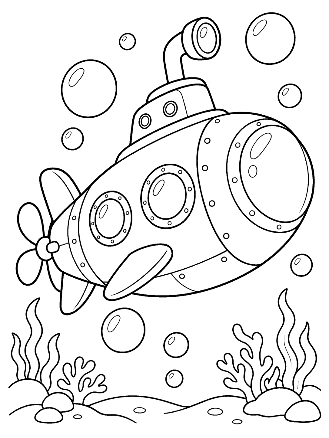 A large rounded submarine with a visible propeller and portholes, surrounded by bubbles above a simple seabed.
