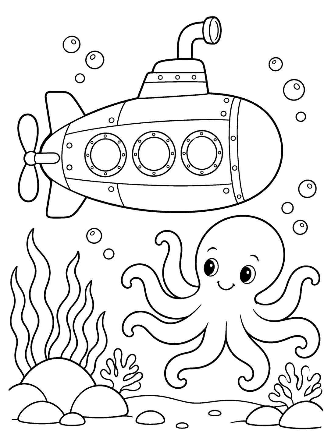 A large side-view submarine above a smiling octopus, with bubbles, sea plants, and rocks around them.
