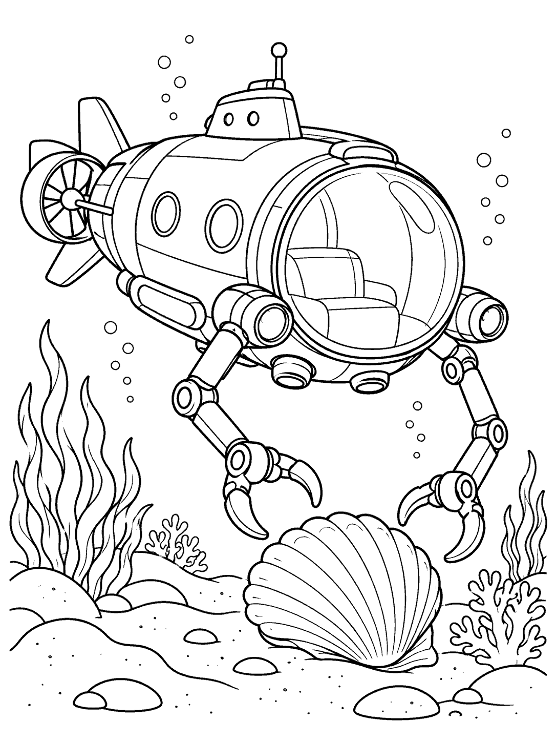 A research submarine with two mechanical claw arms above a large shell on the seabed, surrounded by bubbles, seaweed, and coral.