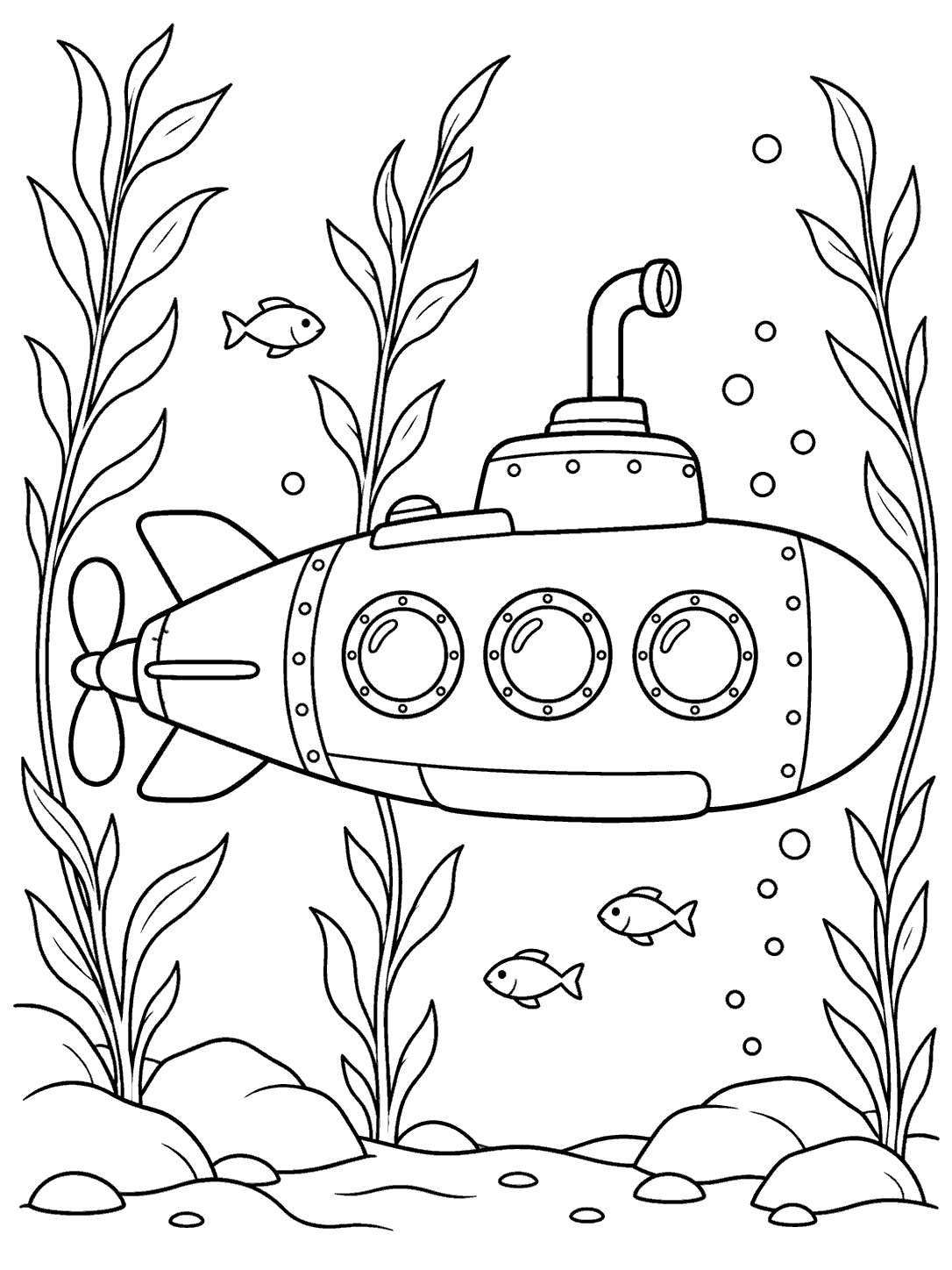 A large side-view submarine between tall kelp strands, with small fish and bubbles