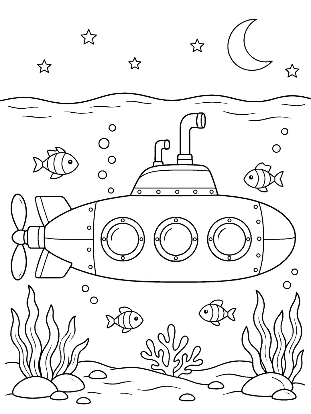 A large side-view submarine underwater among fish, bubbles, and sea plants, beneath a wavy surface with a crescent moon and stars in the white night sky.