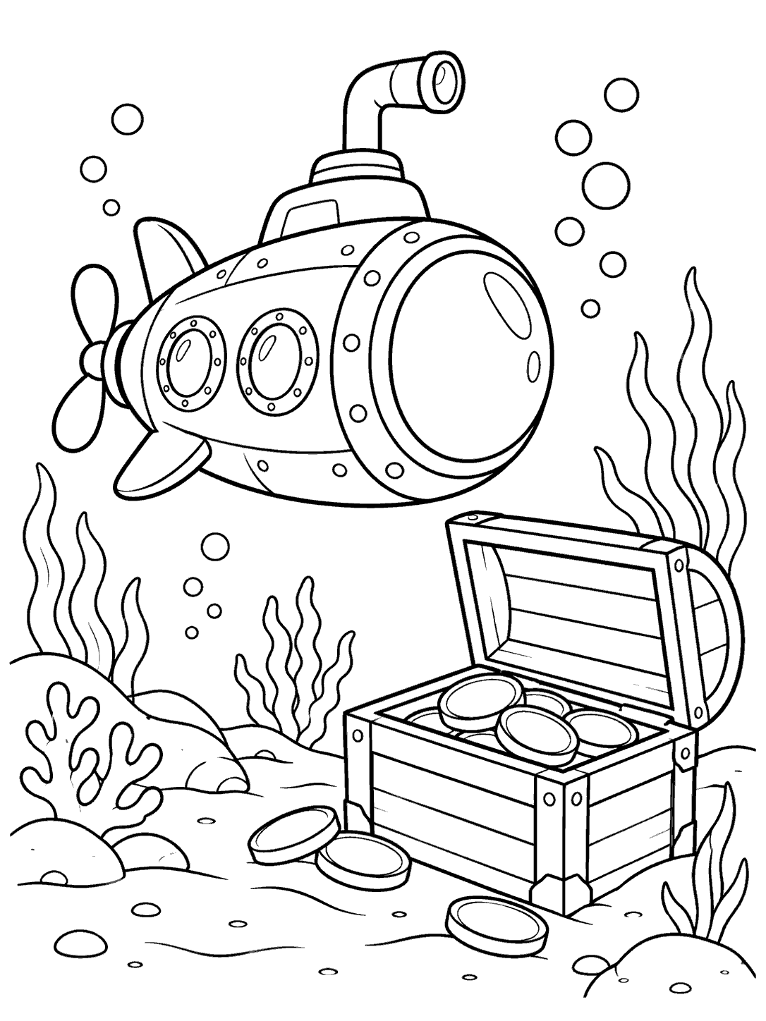 A large submarine hovering above a seabed beside an open treasure chest, scattered coins, bubbles, and sea plants.