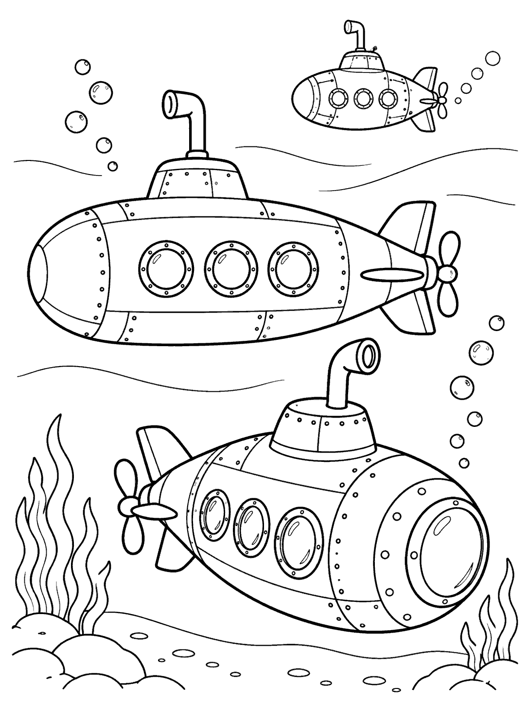 Three outlined submarines at different sizes and angles, with bubbles, seaweed, and a simple ocean floor.