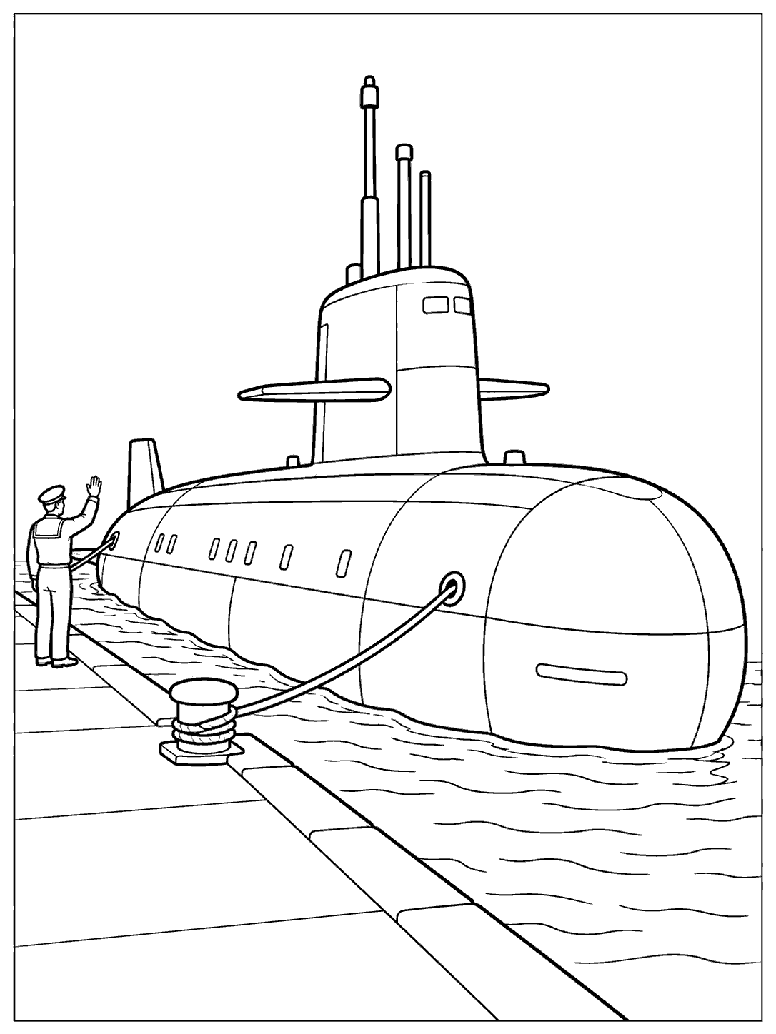 A large submarine tied to a harbor pier, with a sailor waving beside a bollard.