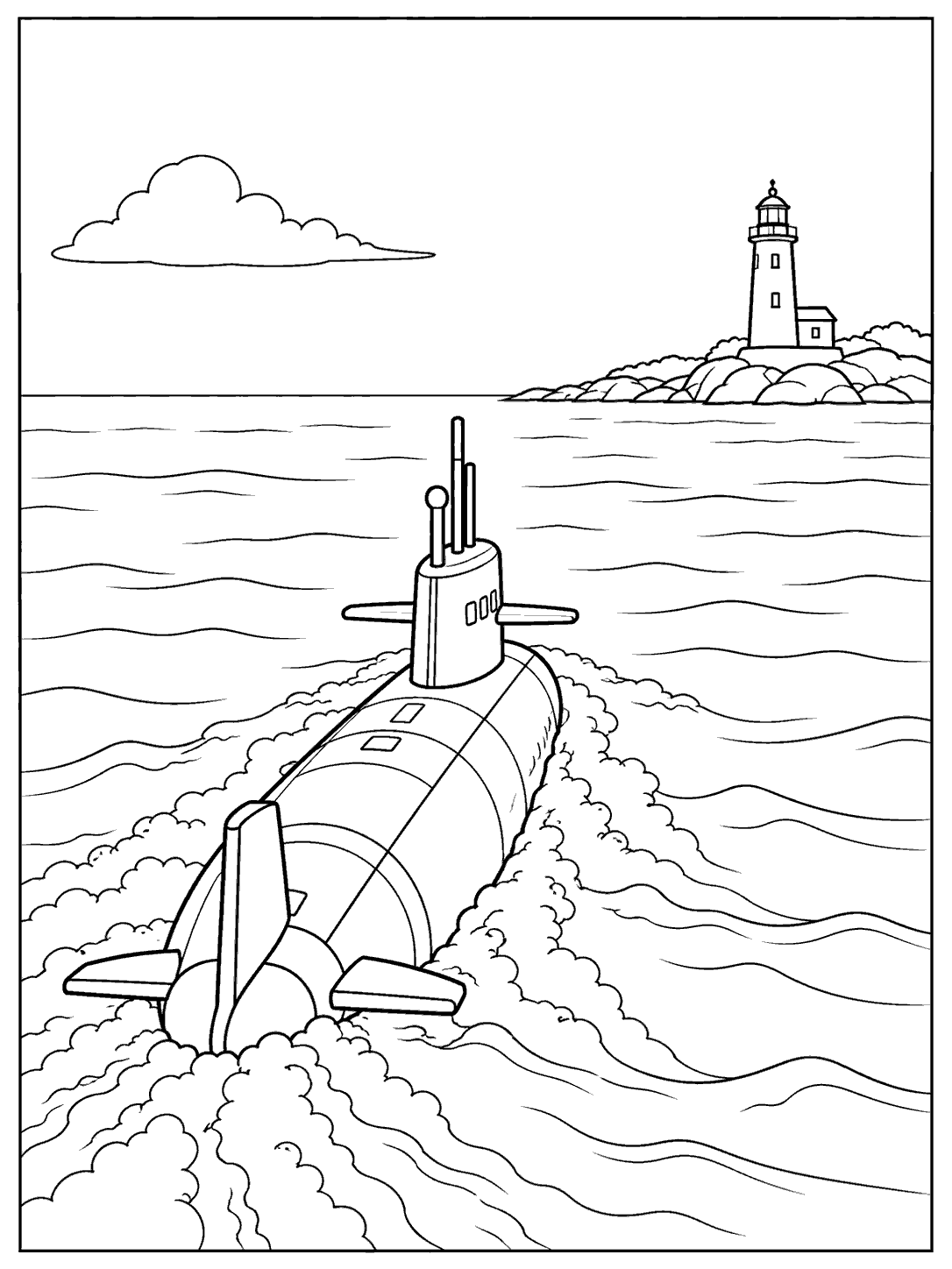 A submarine viewed from behind, heading through the waves toward a coastal lighthouse.