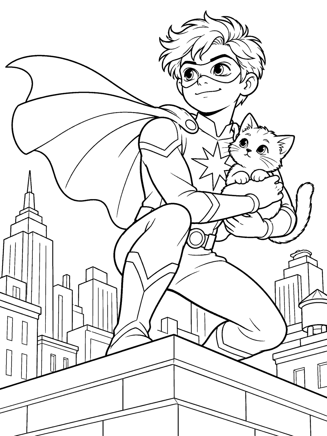Black-and-white coloring page showing a young superhero with a starburst emblem carrying a kitten over a city rooftop.