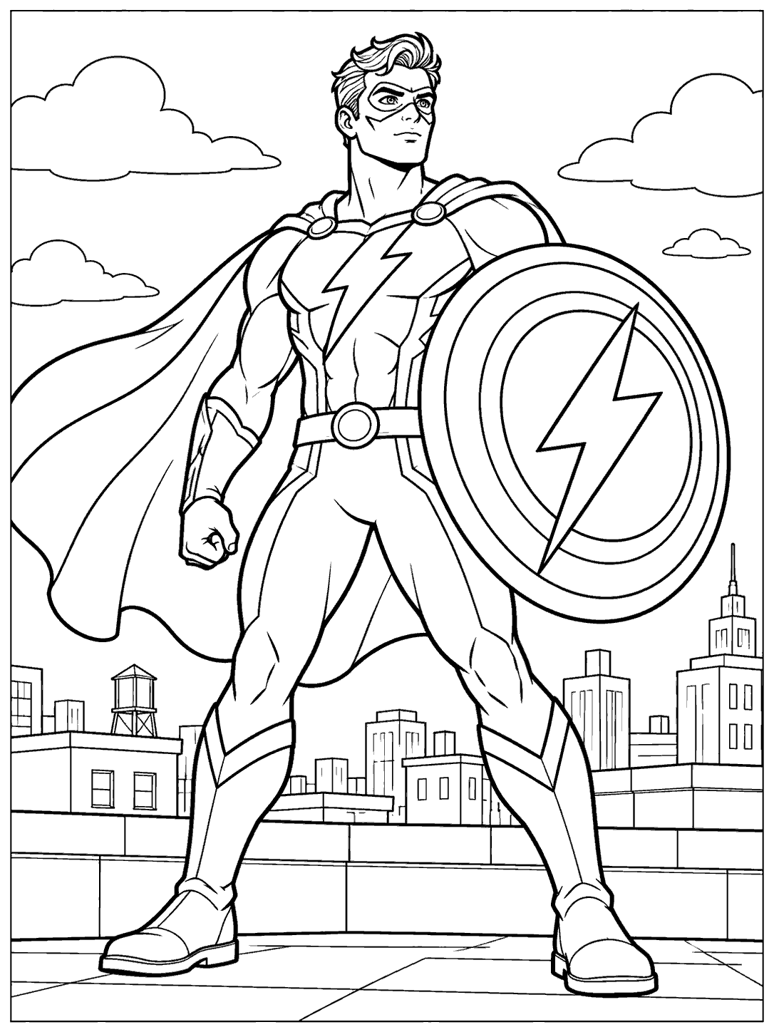 Black-and-white superhero coloring page showing a masked hero holding a large lightning-bolt shield, with rooftops and clouds behind him