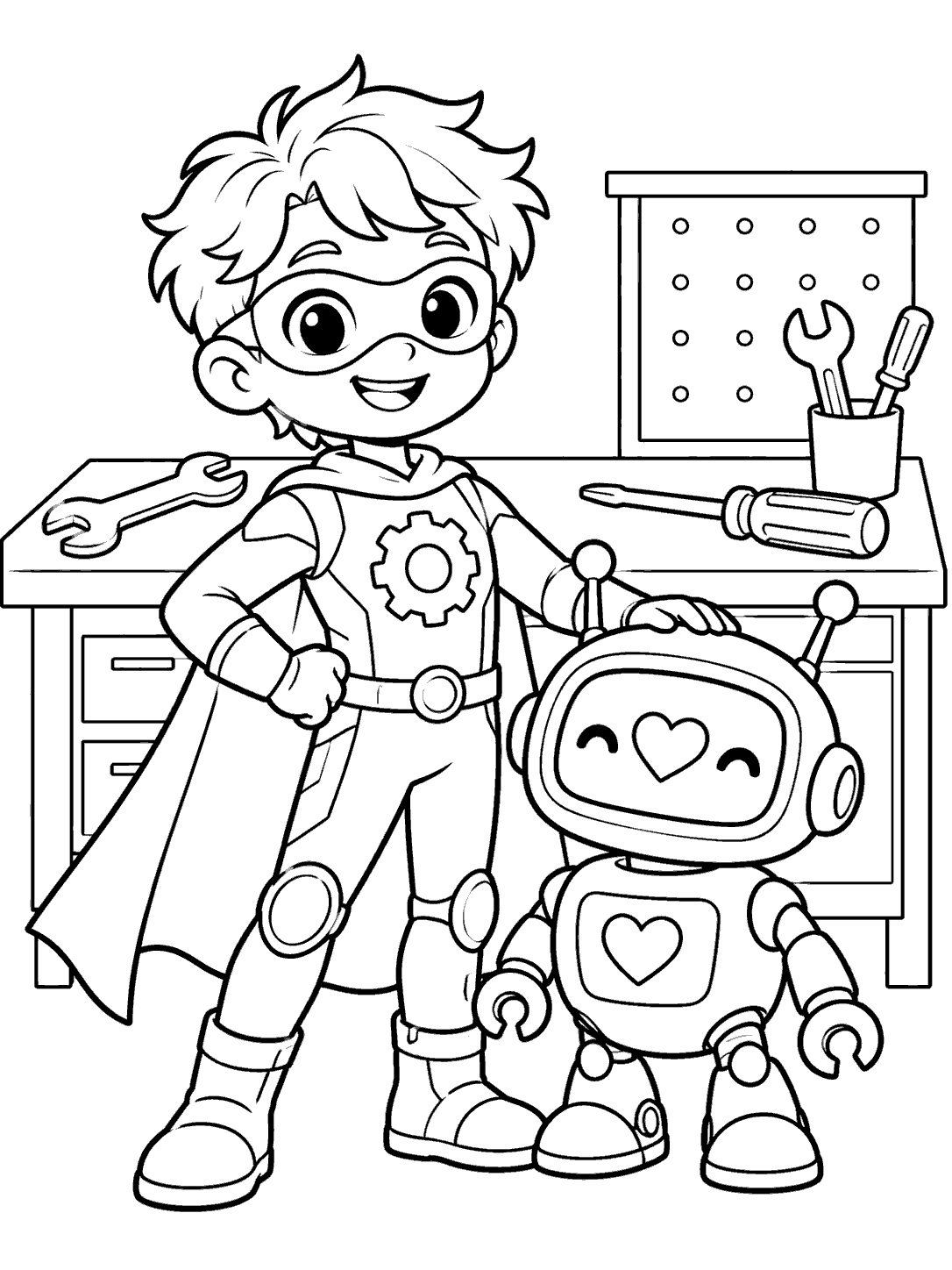 Original child superhero inventor beside a rounded heart-display robot at a workbench with oversized tools.