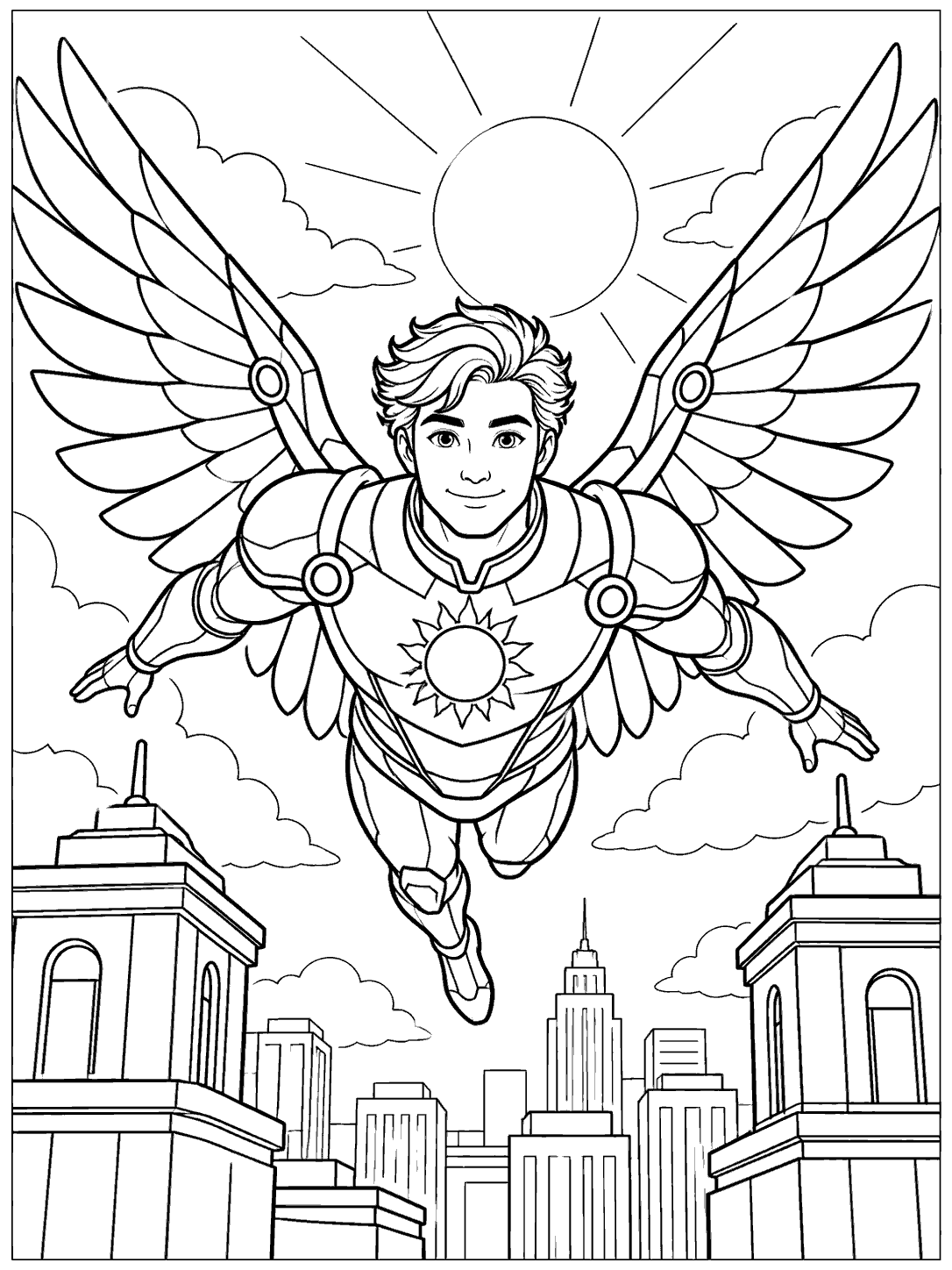 Original winged superhero gliding over city towers coloring page