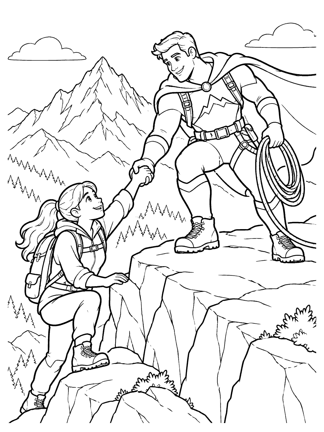 Black-and-white coloring page showing a caped rescuer helping a hiker up a mountain ledge, with a coiled rope and mountain peaks.