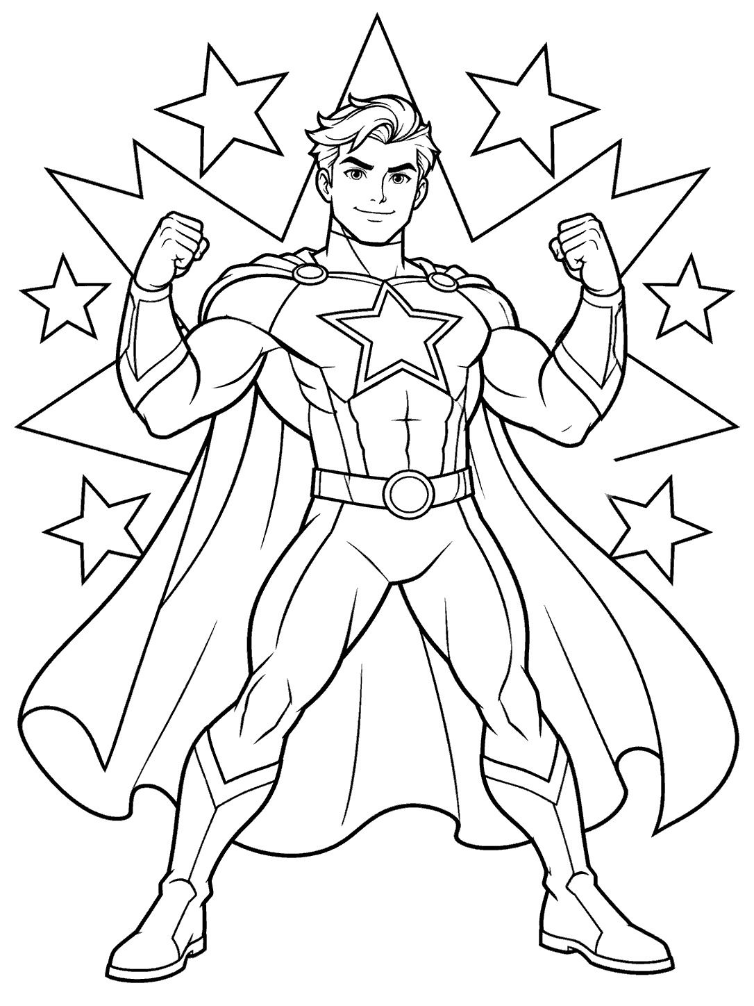 Original superhero raising hands beneath stars coloring page