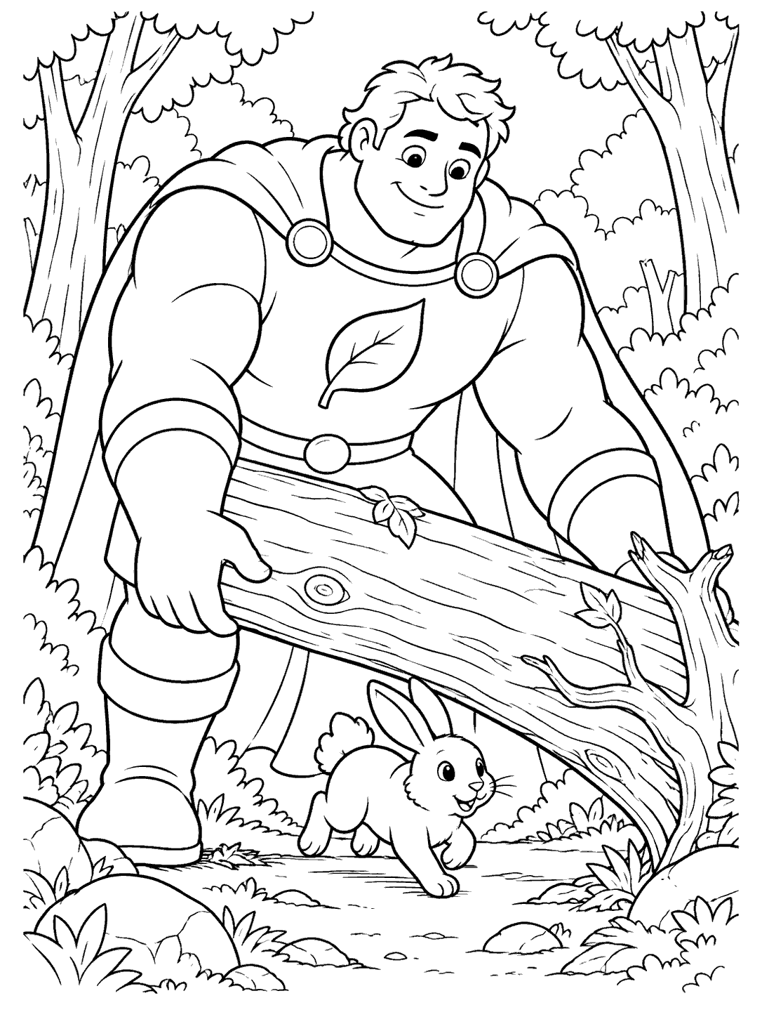 Friendly giant superhero with a leaf emblem lifting a fallen tree for a rabbit to pass underneath in a black-and-white coloring page.