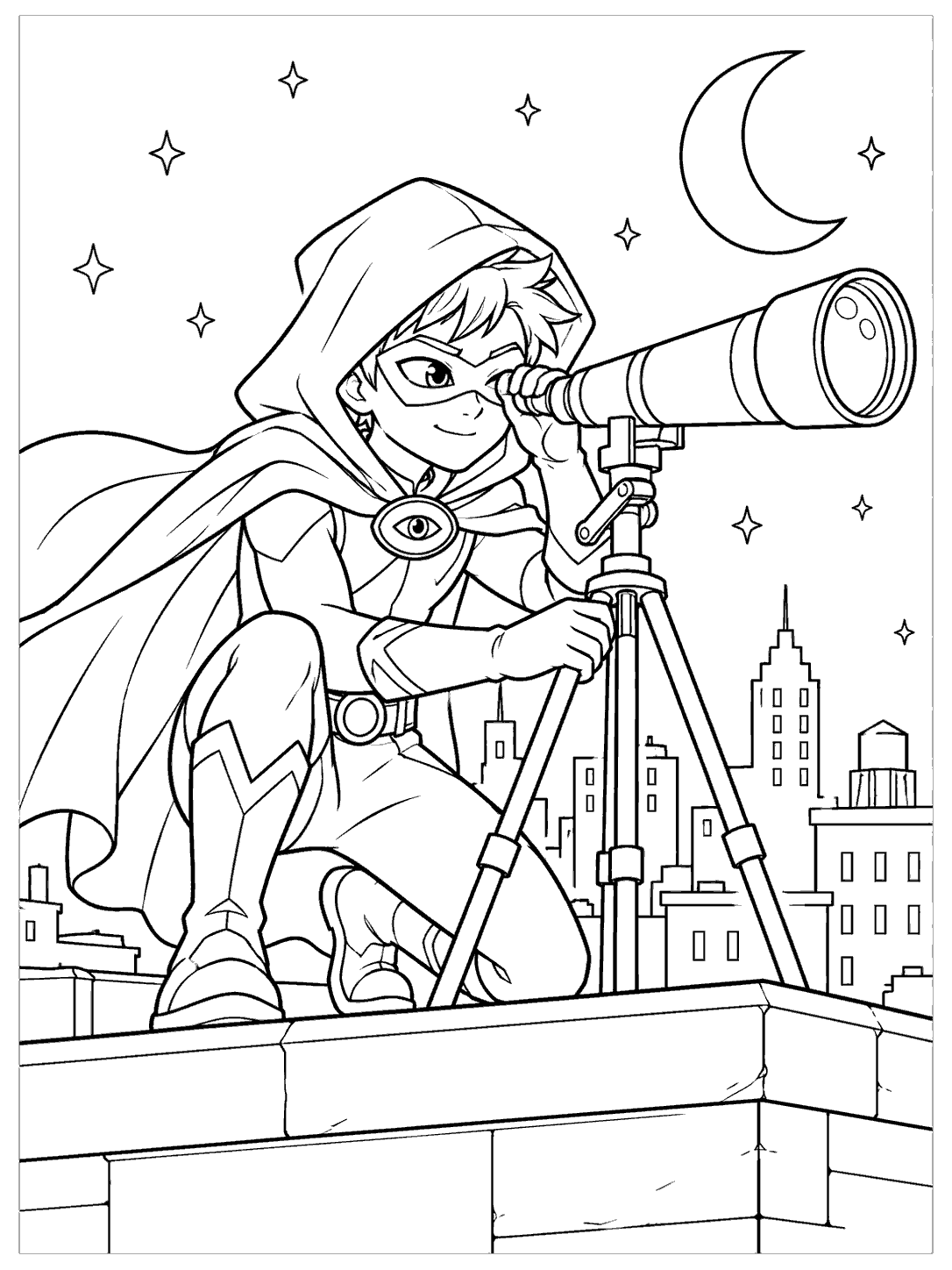 Black-and-white coloring page of a hooded superhero using a tripod telescope above a city skyline, with an eye badge, moon, and stars
