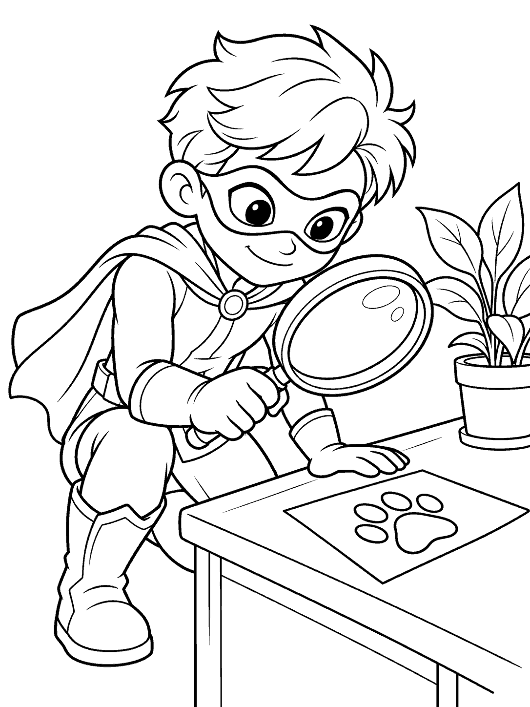 Black-and-white coloring page of a masked superhero detective examining a pawprint clue at a desk beside a potted plant