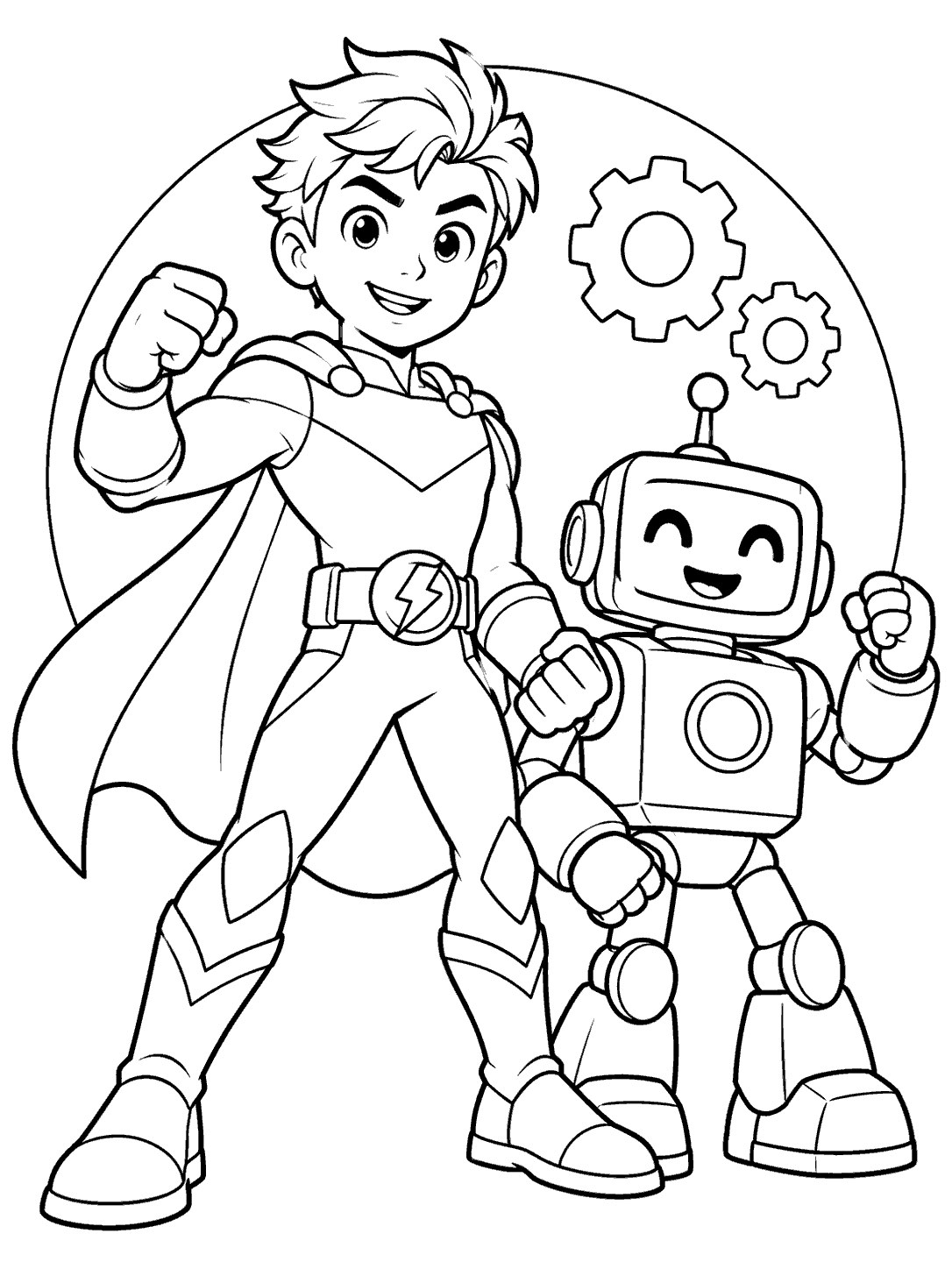 Original superhero with lightning bolt belt buckle and friendly boxy robot companion inside a circular backdrop with two gears.