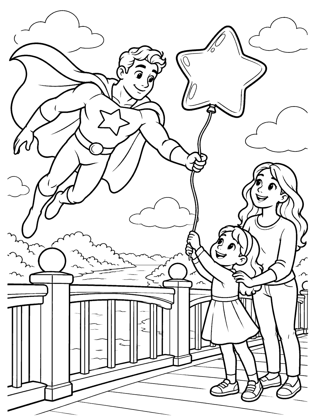 Original flying superhero returning a star-shaped balloon to a child beside a bridge, with an adult nearby.