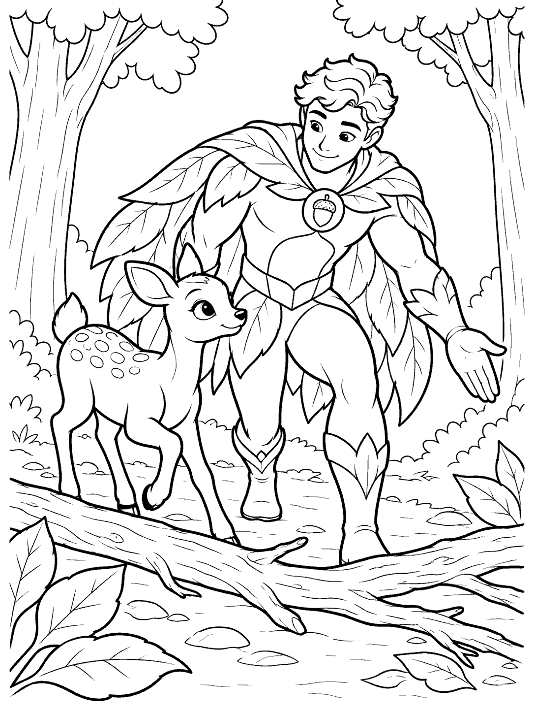 Black-outline coloring page of a leaf-caped forest superhero with an acorn emblem guiding a young deer between trees, with a fallen branch across the path.