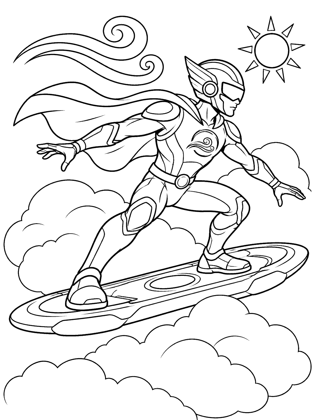 Black-and-white coloring page of an original helmeted superhero surfing on a hoverboard above three clouds, with a wind emblem and sun.