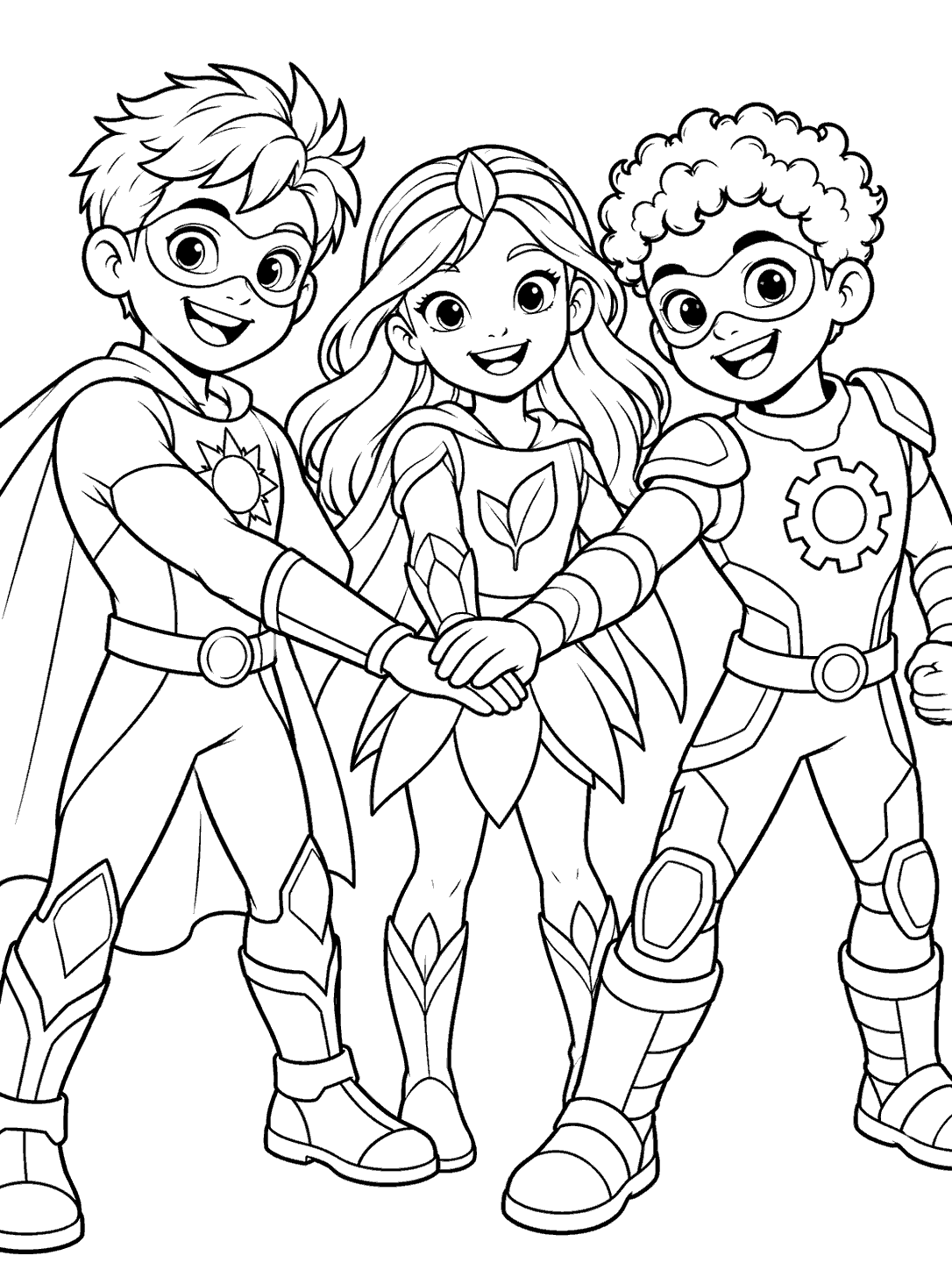 Three young superheroes with sun, leaf, and gear emblems joining hands in a black-and-white coloring page.