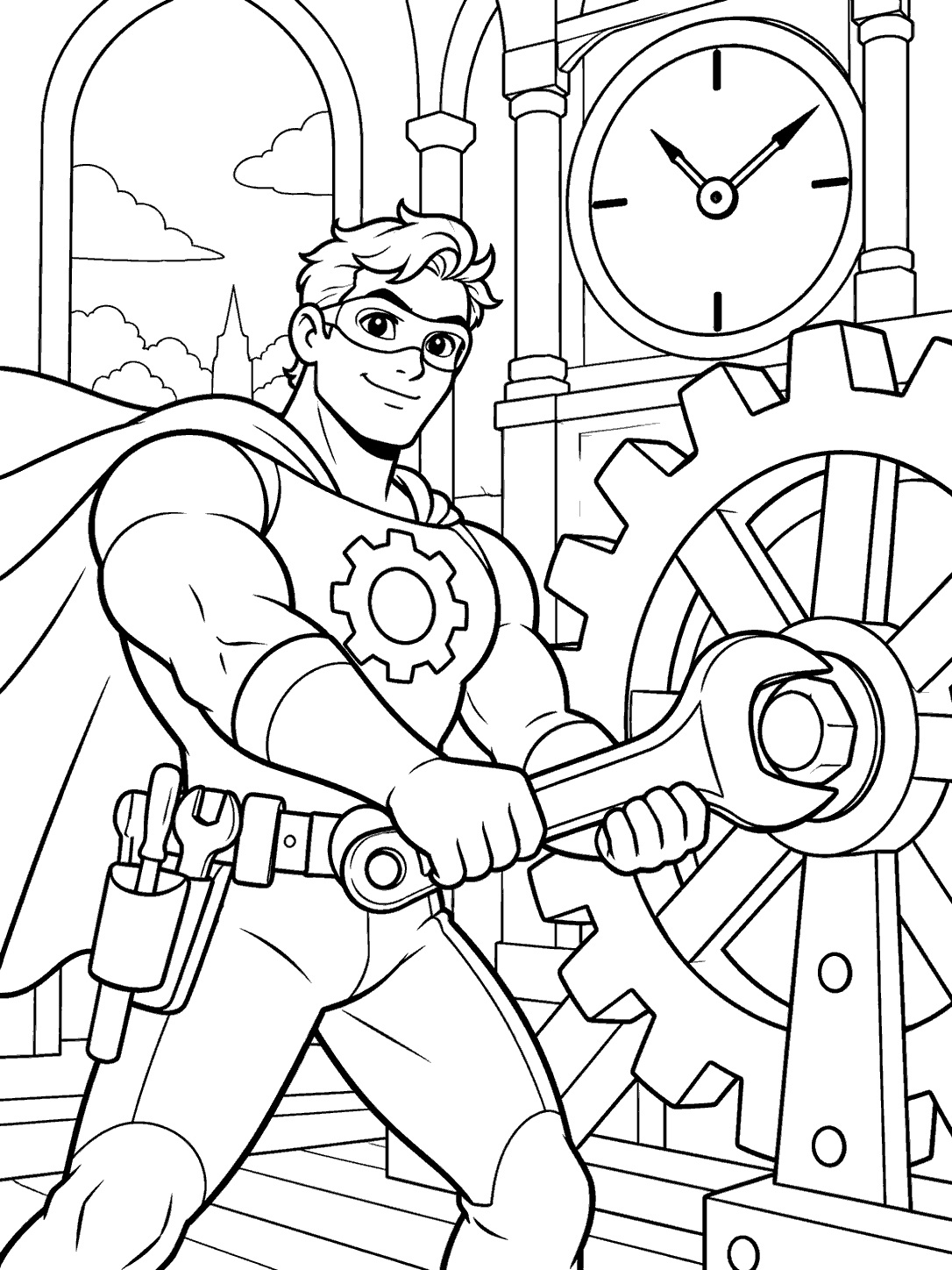 Original engineer superhero turning a gear coloring page