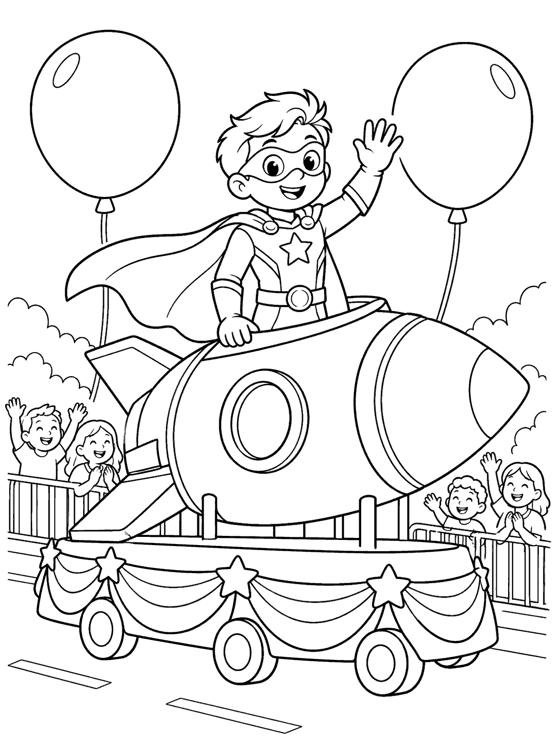 Original superhero waving from a rocket parade float, with two balloons and cheering spectators behind a barrier.