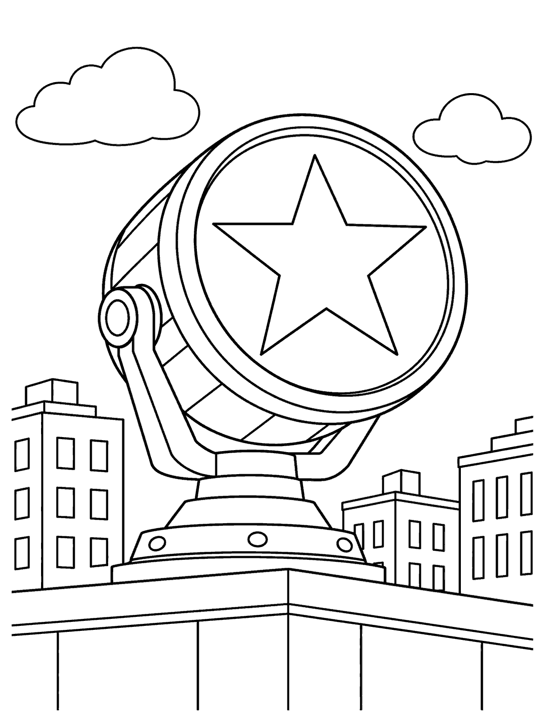 Large round superhero signal beacon with an outlined five-point star, two clouds, and three rooftops in a black-and-white coloring page.