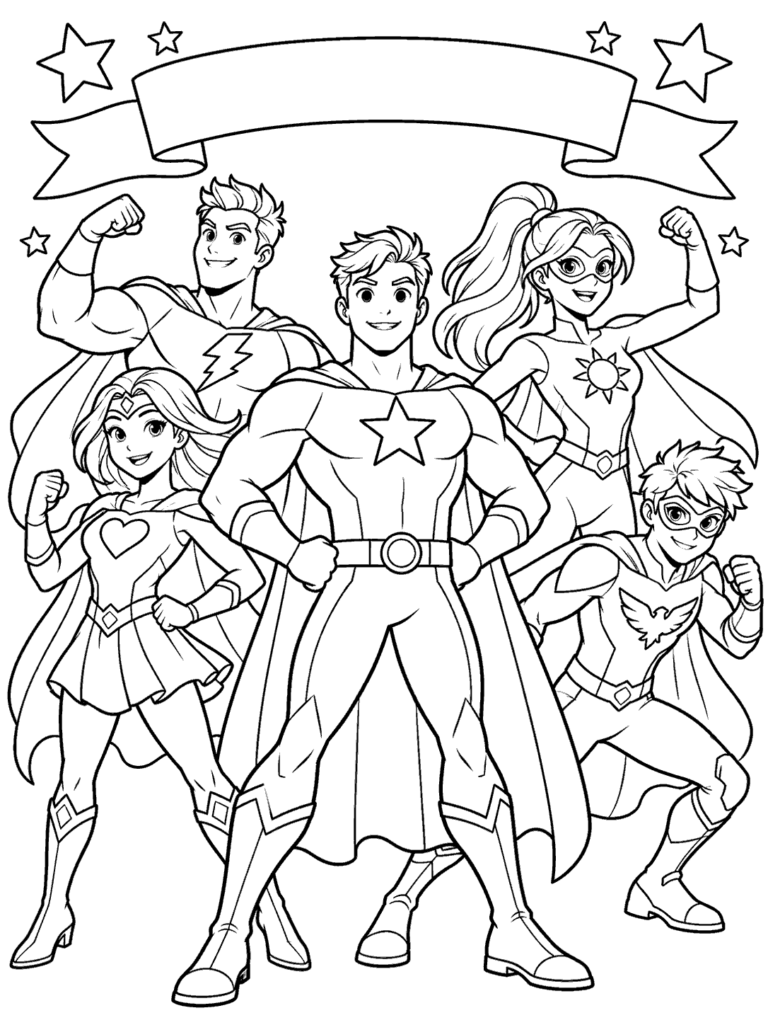 Five original superheroes celebrating beneath a blank banner on a black-and-white coloring page