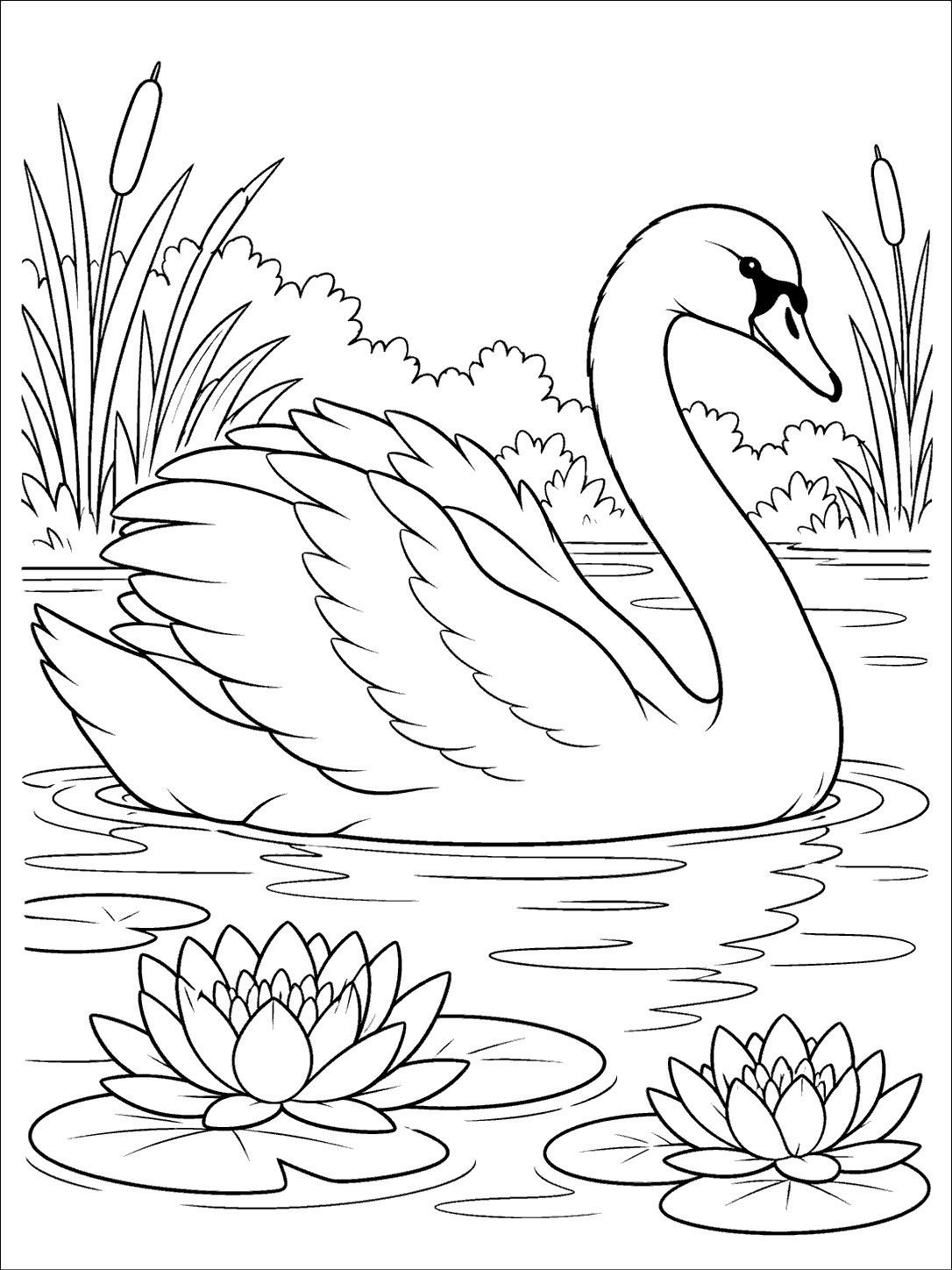 Swan coloring page showing a single swan gliding across a pond with two water lilies in the foreground.