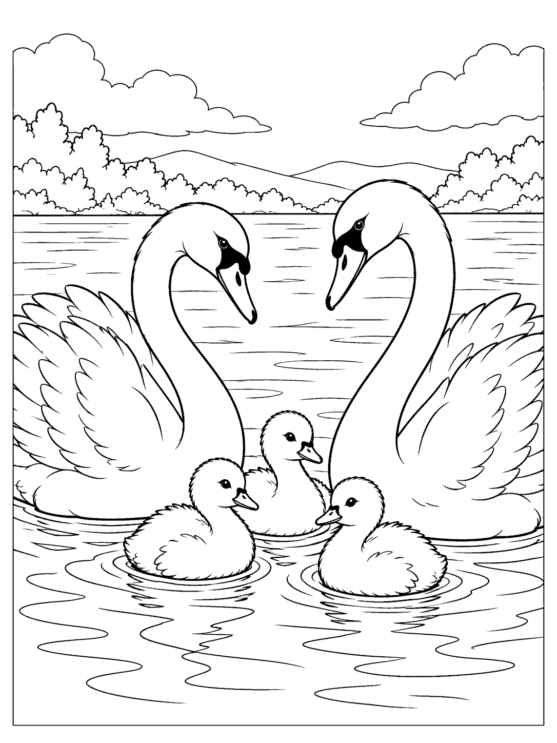 Swan family coloring page with two adult swans facing inward and three cygnets between them on the water.