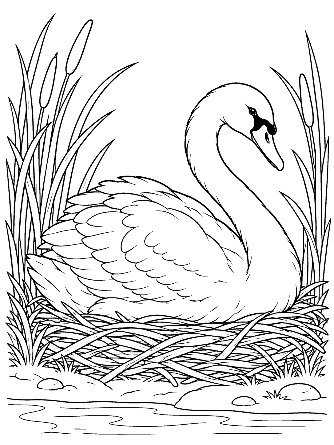 Swan coloring page showing a swan seated on a nest among reeds beside the water.