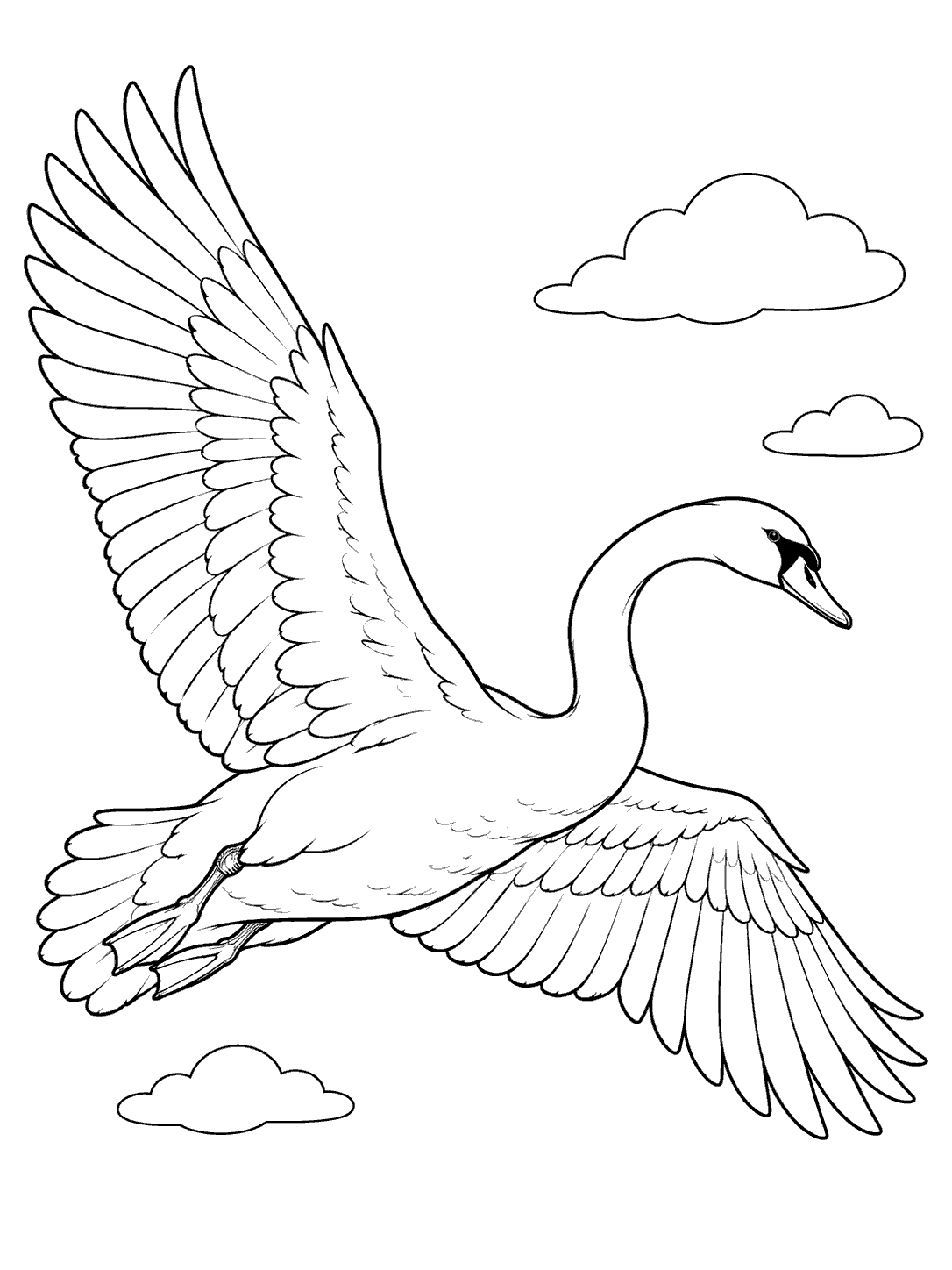 Swan coloring page showing one swan in flight with both wings extended and its neck gracefully curved.