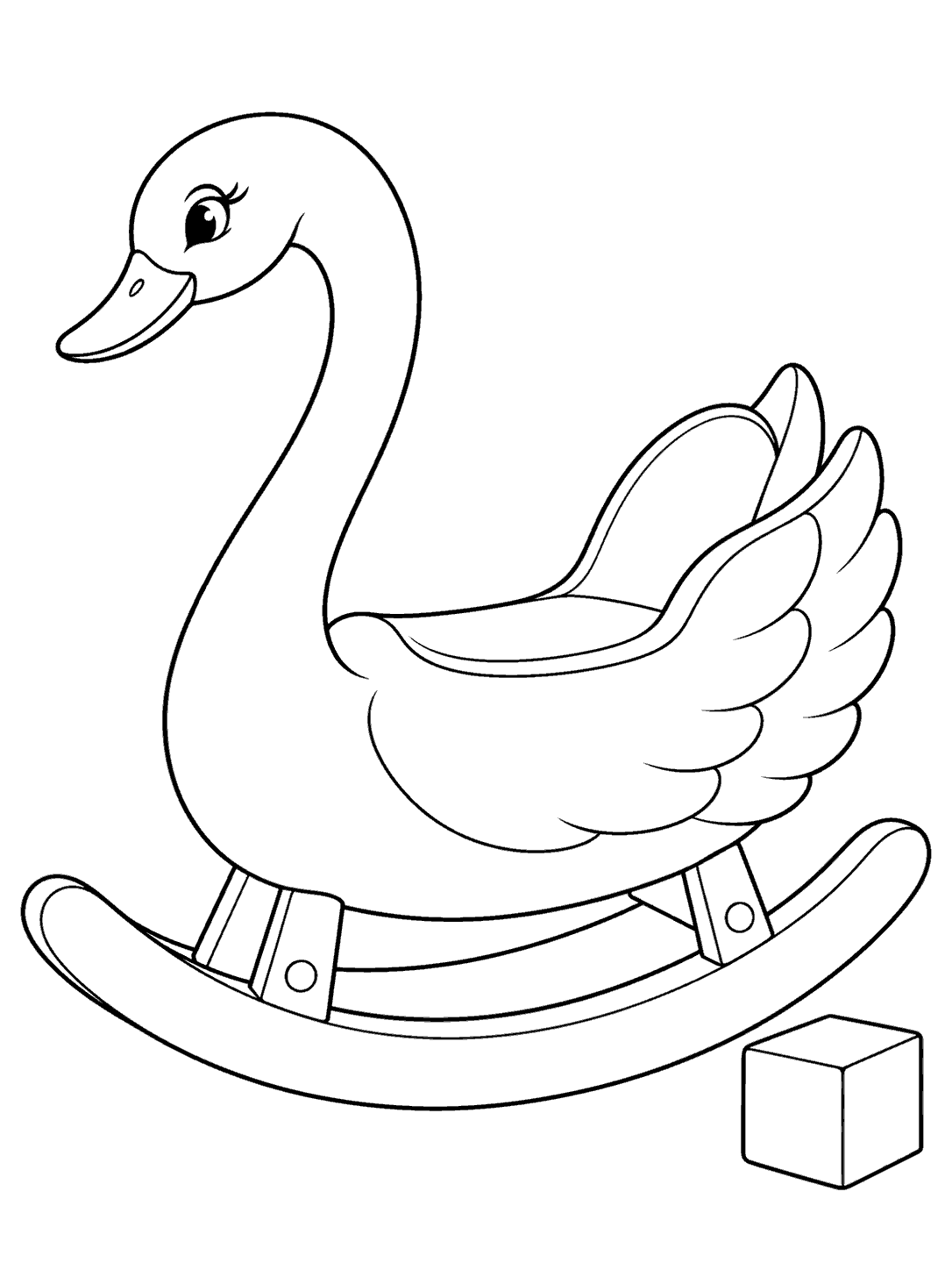 Swan-shaped rocking toy on a curved base beside a square block