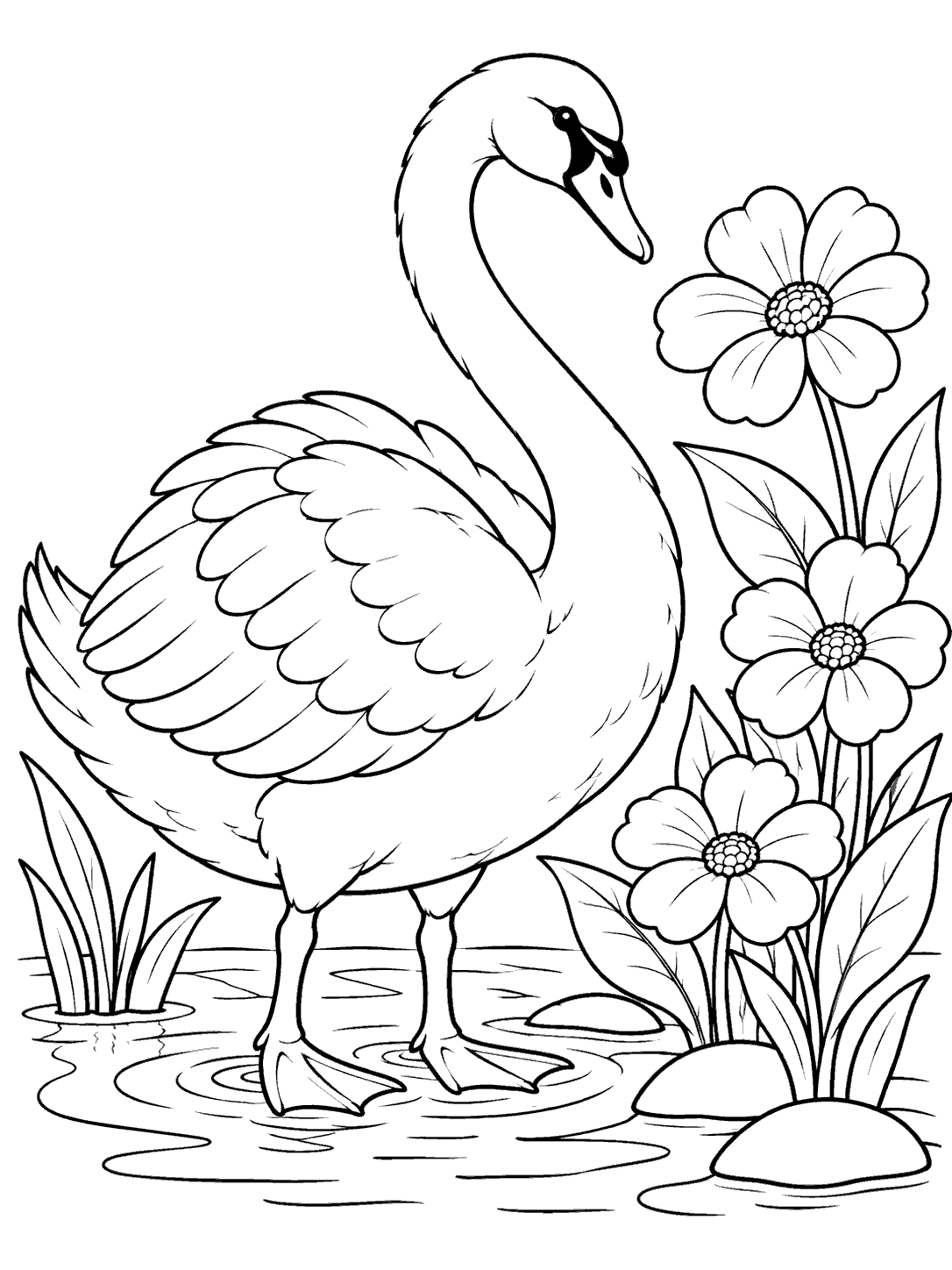 Swan coloring page showing a standing swan with webbed feet in shallow water beside three flowers and broad leaves.