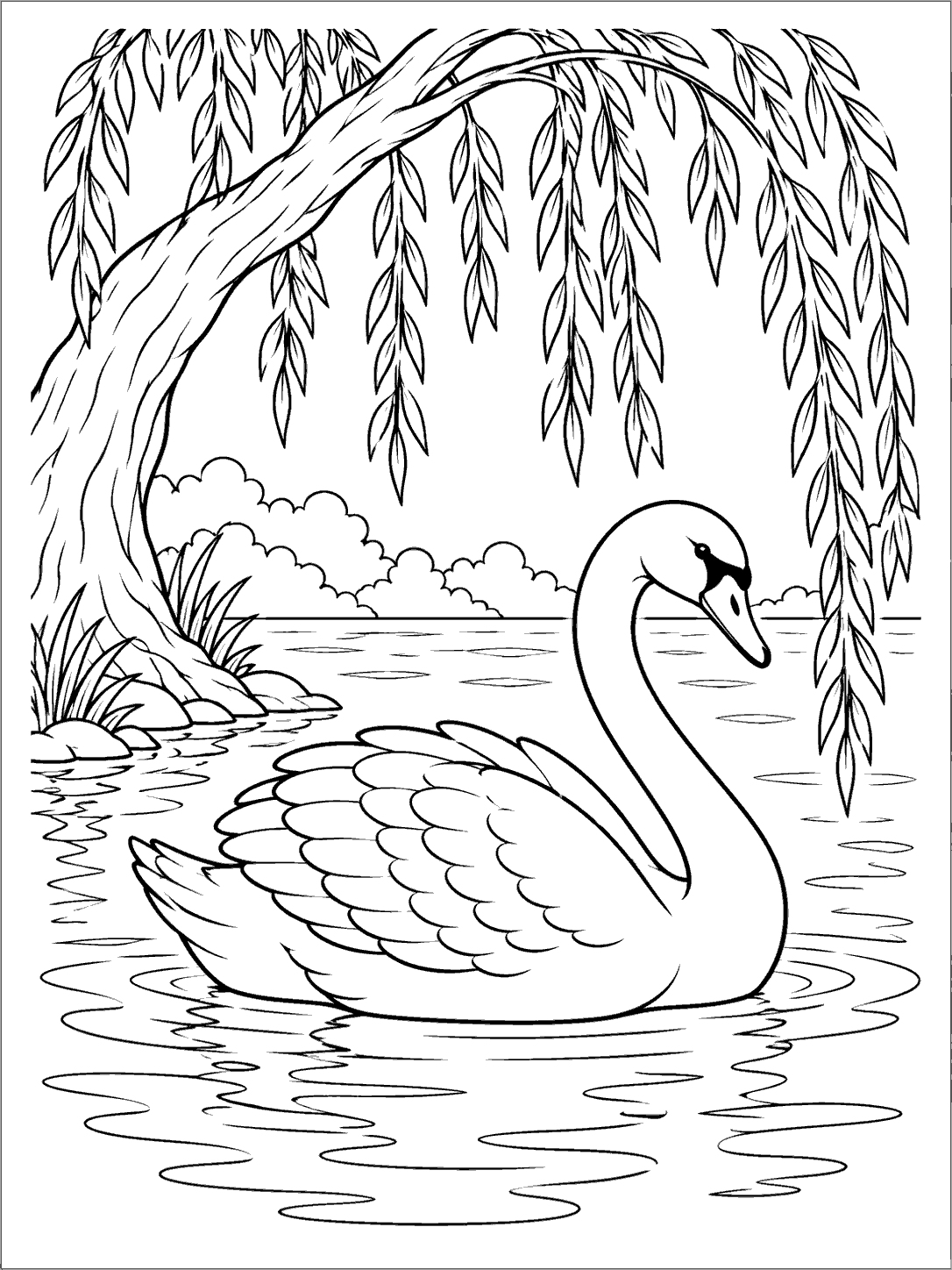 Swan coloring page beneath a willow tree beside the water