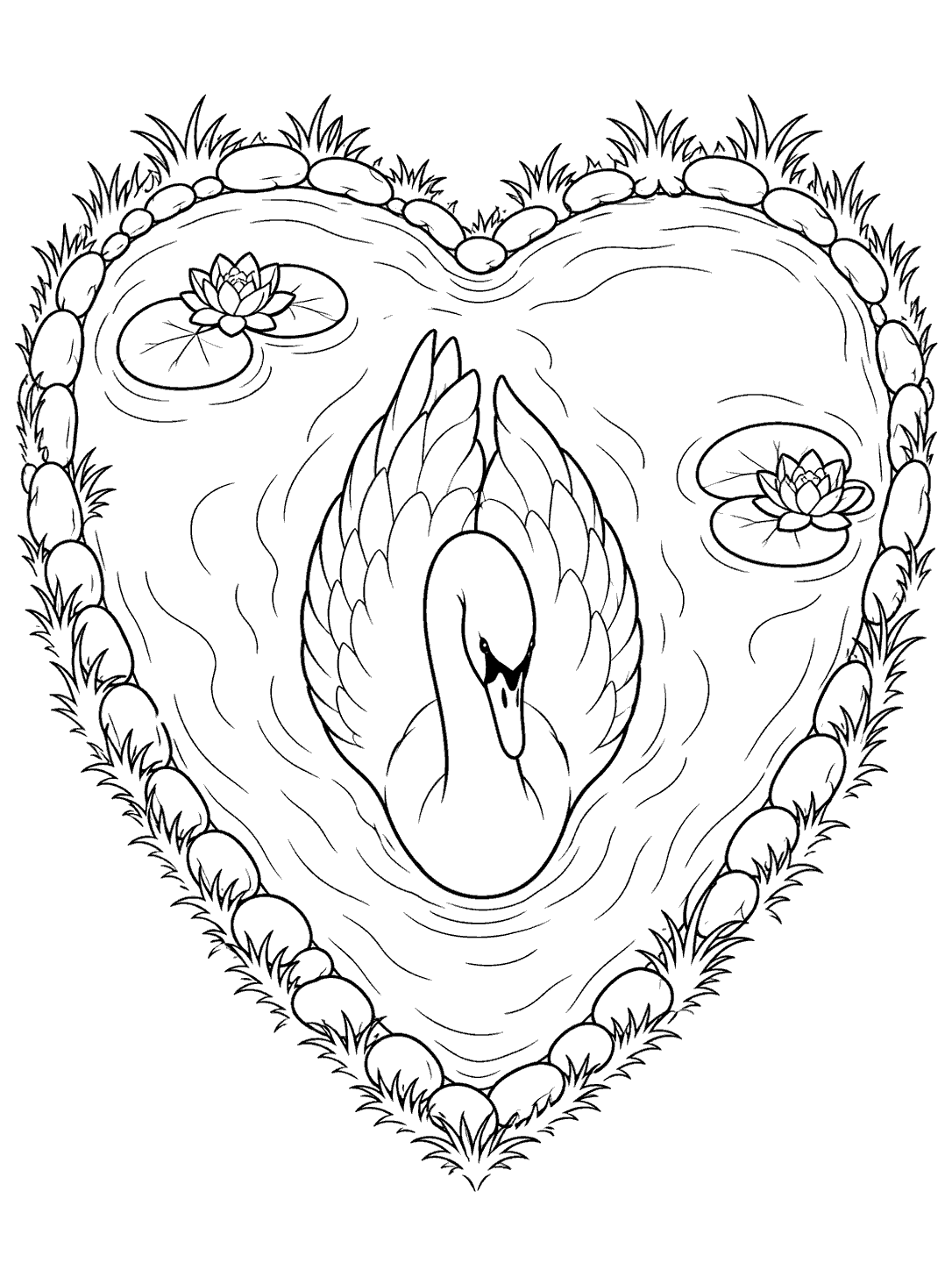 Swan coloring page with a swan centered in a heart-shaped pond bordered by stones and grass, with two lily pads.