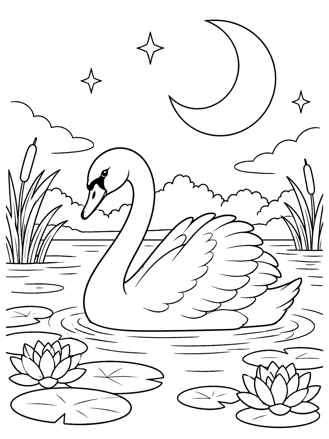 Swan coloring page with a swan on a pond beneath a crescent moon and three stars, framed by reeds and water lilies.
